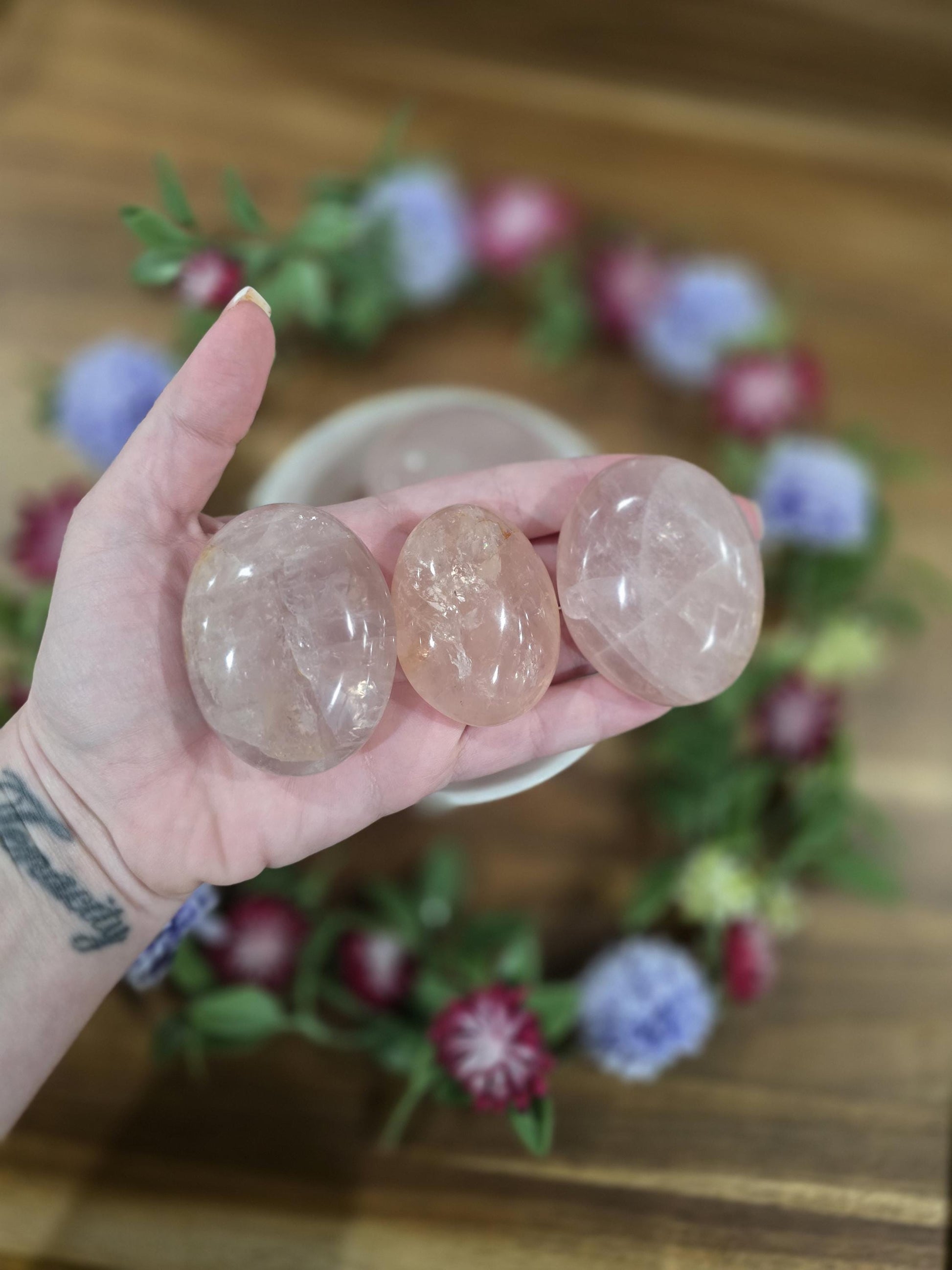 Big Rainbow Rose Quartz Palmstones | High Quality Pink Crystals, Hand Carved & Polished | ADHD ASD SPD Pocket Fidgets | Women, Girls, Teens