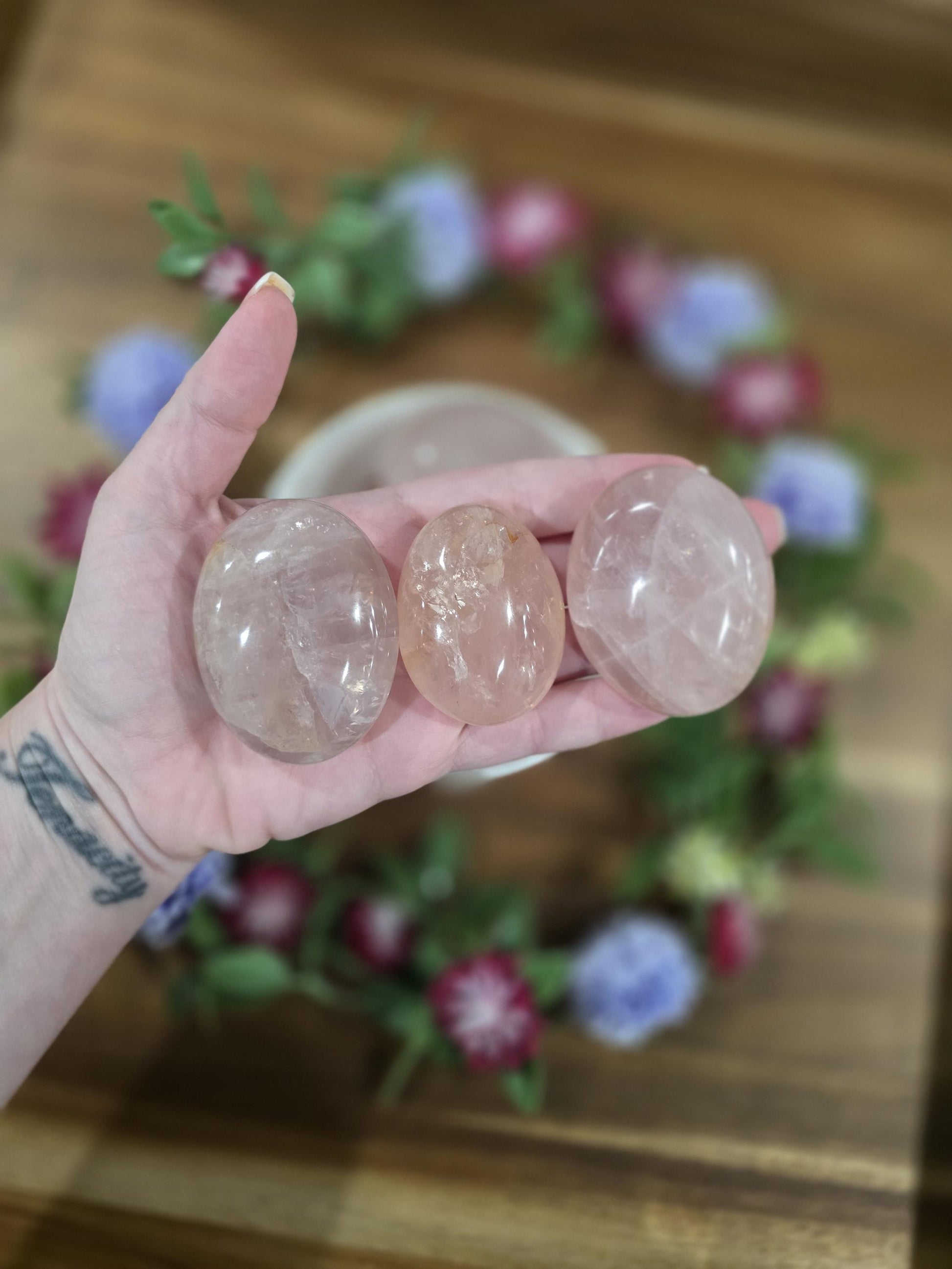 Big Rainbow Rose Quartz Palmstones | High Quality Pink Crystals, Hand Carved & Polished | ADHD ASD SPD Pocket Fidgets | Women, Girls, Teens