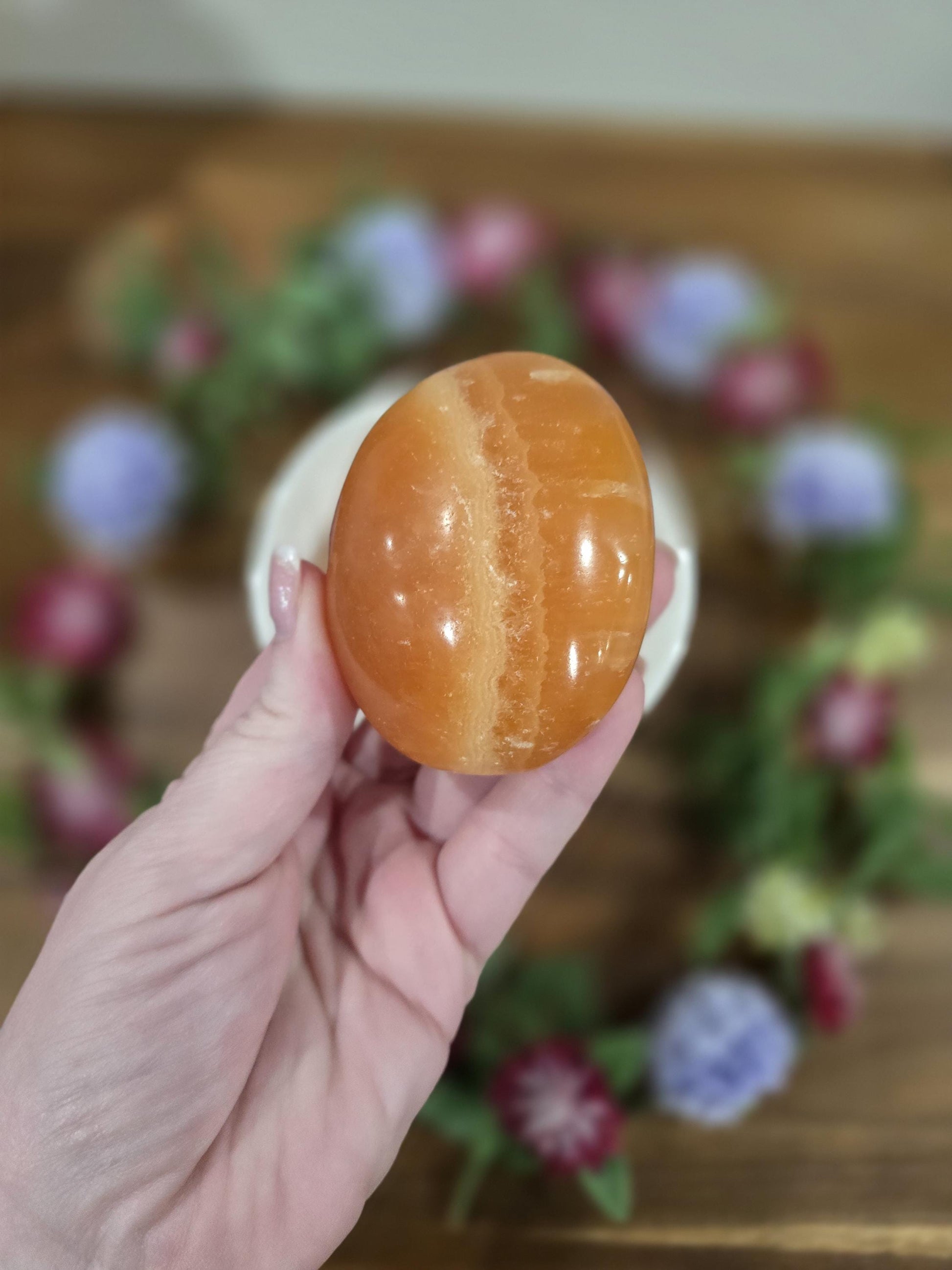 Juicy Orange Calcite Crystal Palmstones to Brighten Your Day and Energize your space | Lovely Creamsickle coloring with banding, Large size