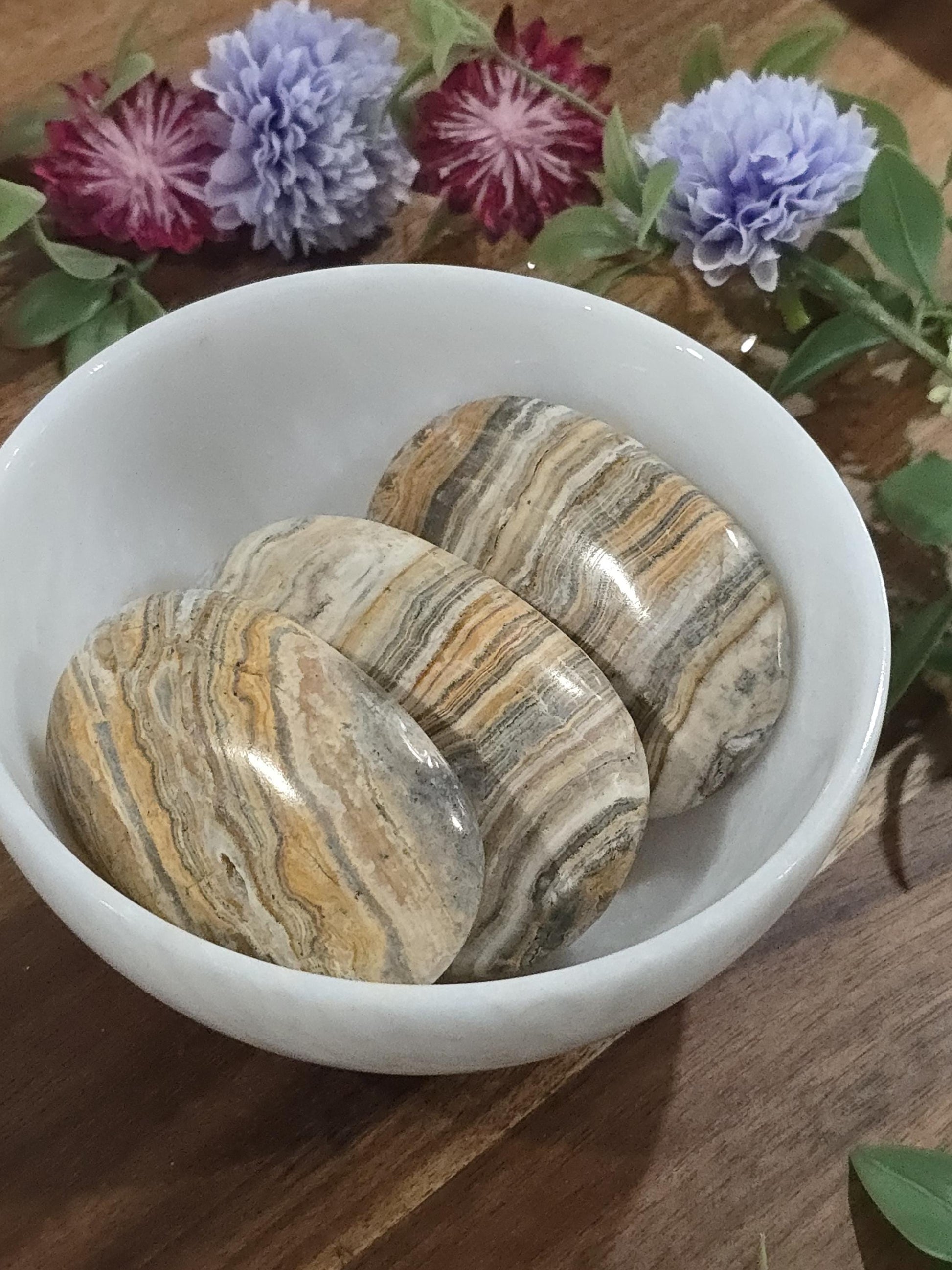 Yellow Aragonite | Large Crystal Palmstones | Banded Gray Calcite Palms | Desk Ornament Home Decor for Office Gifts or Unique Paperweight