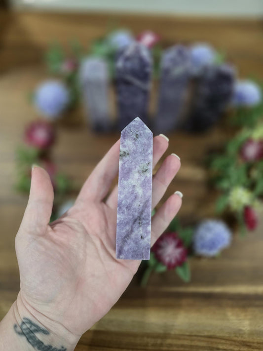 Lepidolite Crystal Towers | Purple Mica | Unique Hand Carved Purple Decor Pieces with Sparkle | Pretty Spring Home Decor in Lilac Lavender