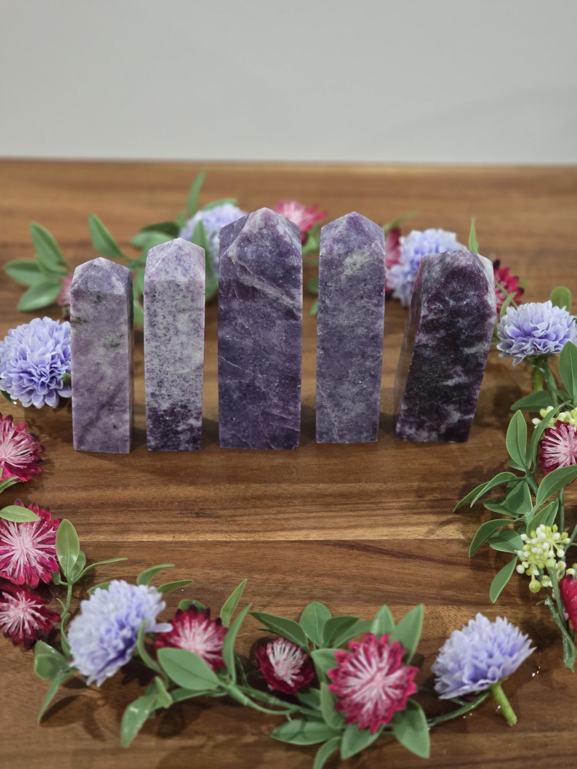 Lepidolite Crystal Towers | Purple Mica | Unique Hand Carved Purple Decor Pieces with Sparkle | Pretty Spring Home Decor in Lilac Lavender