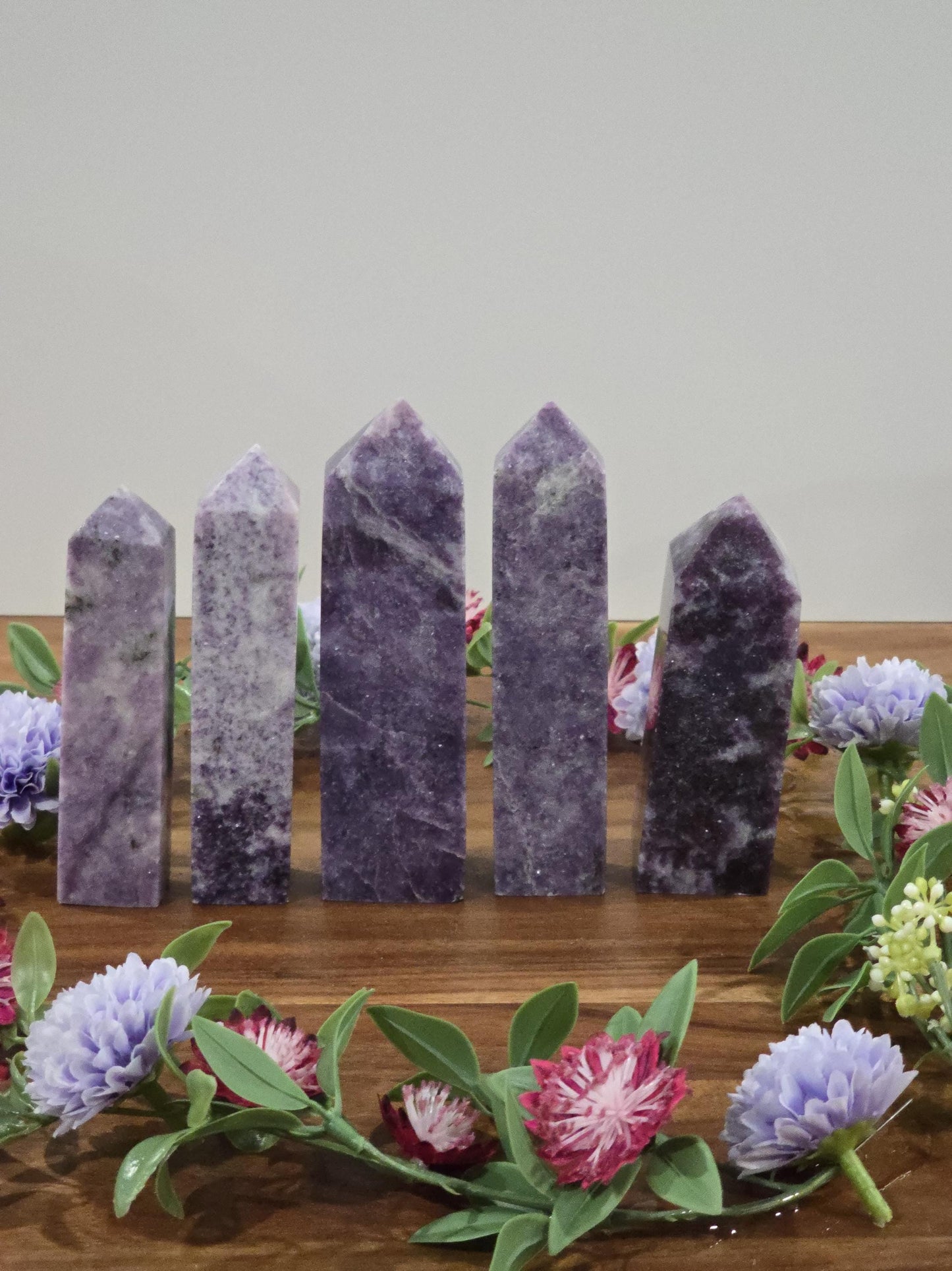 Lepidolite Crystal Towers | Purple Mica | Unique Hand Carved Purple Decor Pieces with Sparkle | Pretty Spring Home Decor in Lilac Lavender