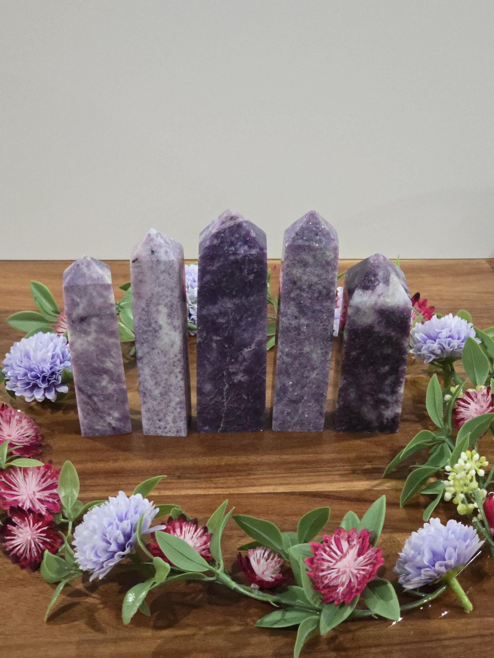 Lepidolite Crystal Towers | Purple Mica | Unique Hand Carved Purple Decor Pieces with Sparkle | Pretty Spring Home Decor in Lilac Lavender