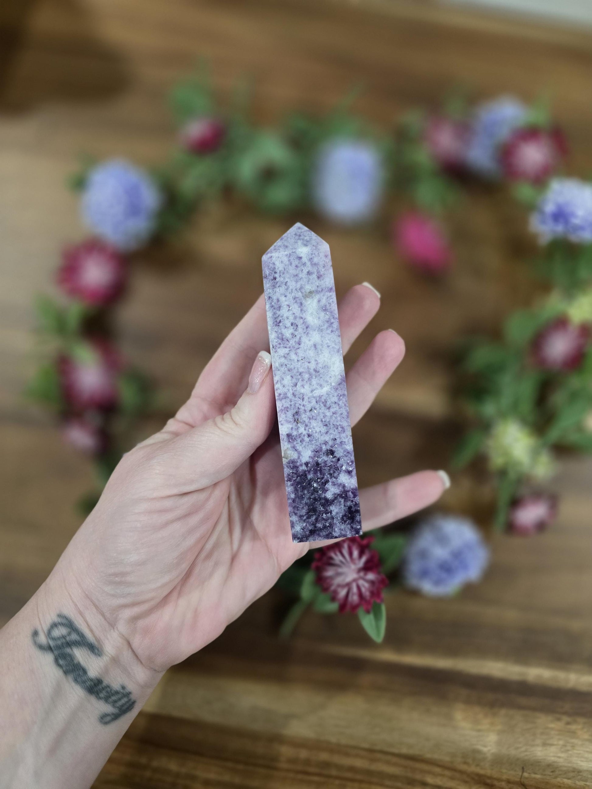 Lepidolite Crystal Towers | Purple Mica | Unique Hand Carved Purple Decor Pieces with Sparkle | Pretty Spring Home Decor in Lilac Lavender