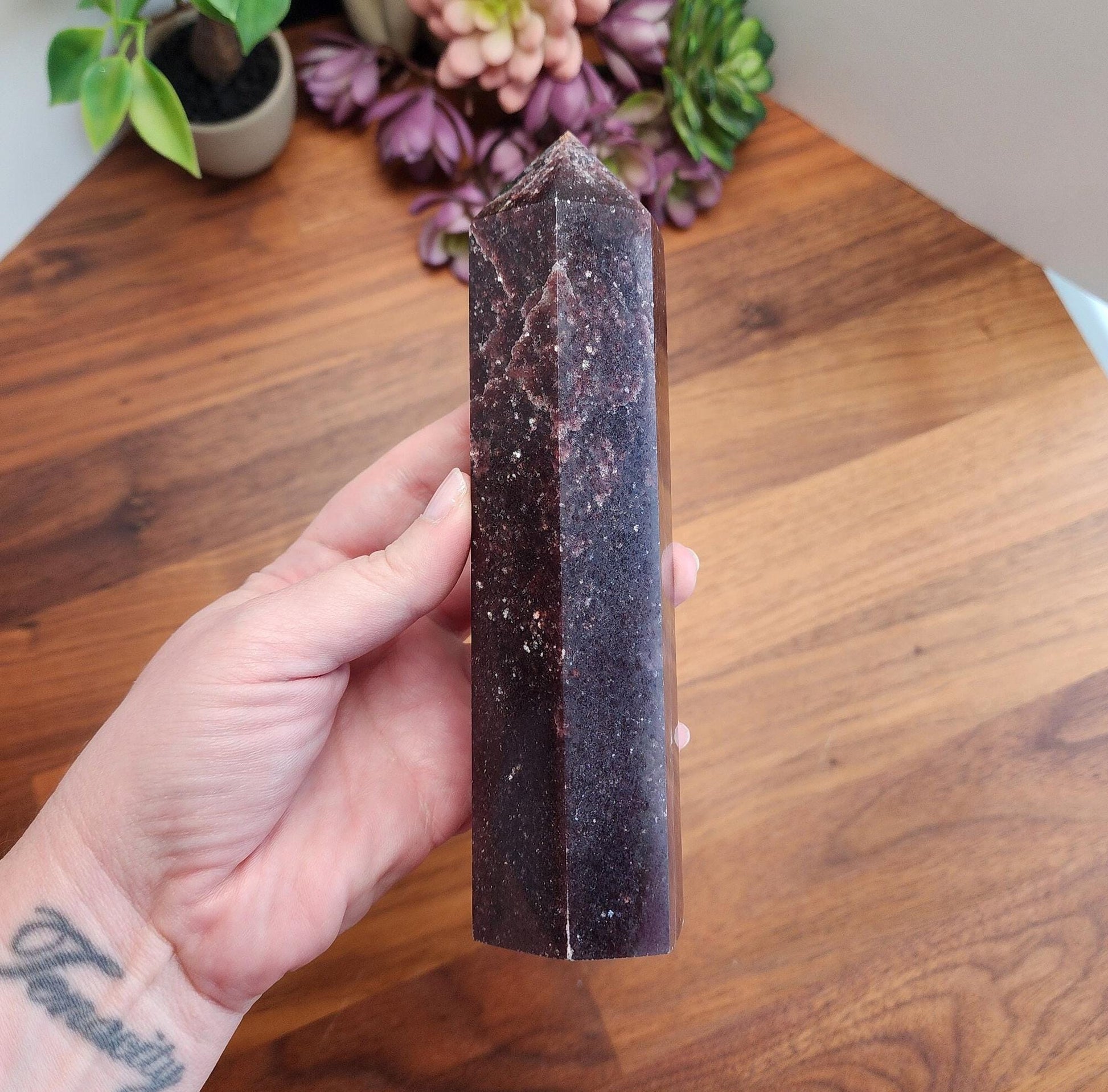 Unicorn Stone Tower, Chunky XL tall crystal point made of Lepidolite, Pink Tourmaline, and Smokey Quartz.