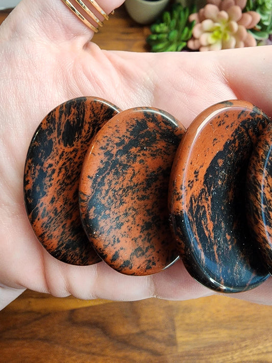 Mahogany Obsidian Worry Stone | Woodsy Rustic Red, Brown & Black Crystal Pocket Fidget | Small Gift for Dad on Father's Day or Nature Lover