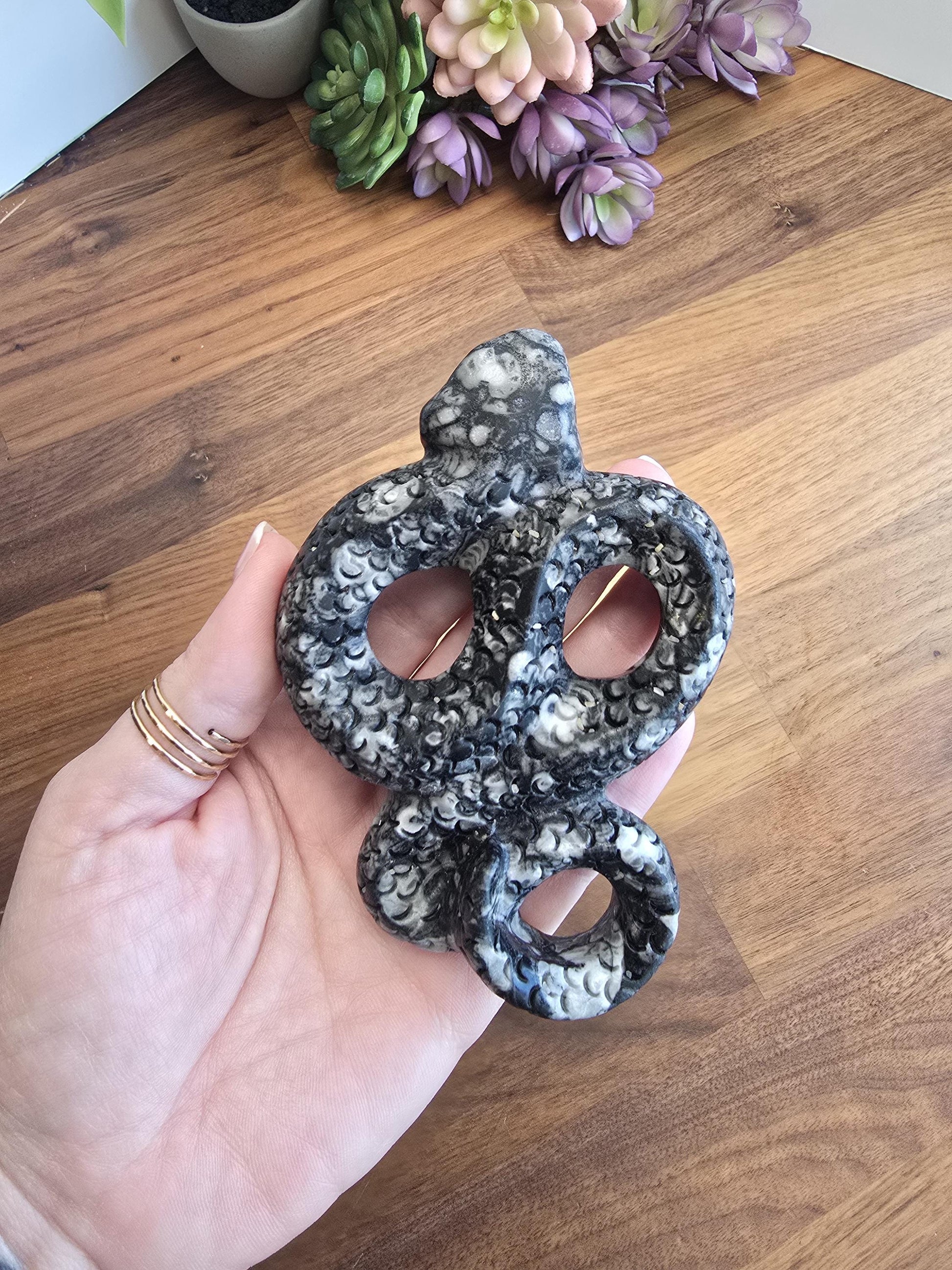 Rare Orthoceras Fossil Snake | Crystal Serpent Figurine | Black & Gray Halloween and Goth Home Decor for Dark Academia or Spooky Season