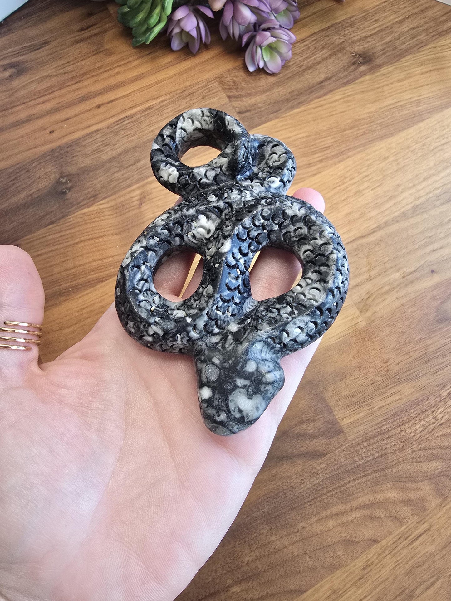 Rare Orthoceras Fossil Snake | Crystal Serpent Figurine | Black & Gray Halloween and Goth Home Decor for Dark Academia or Spooky Season