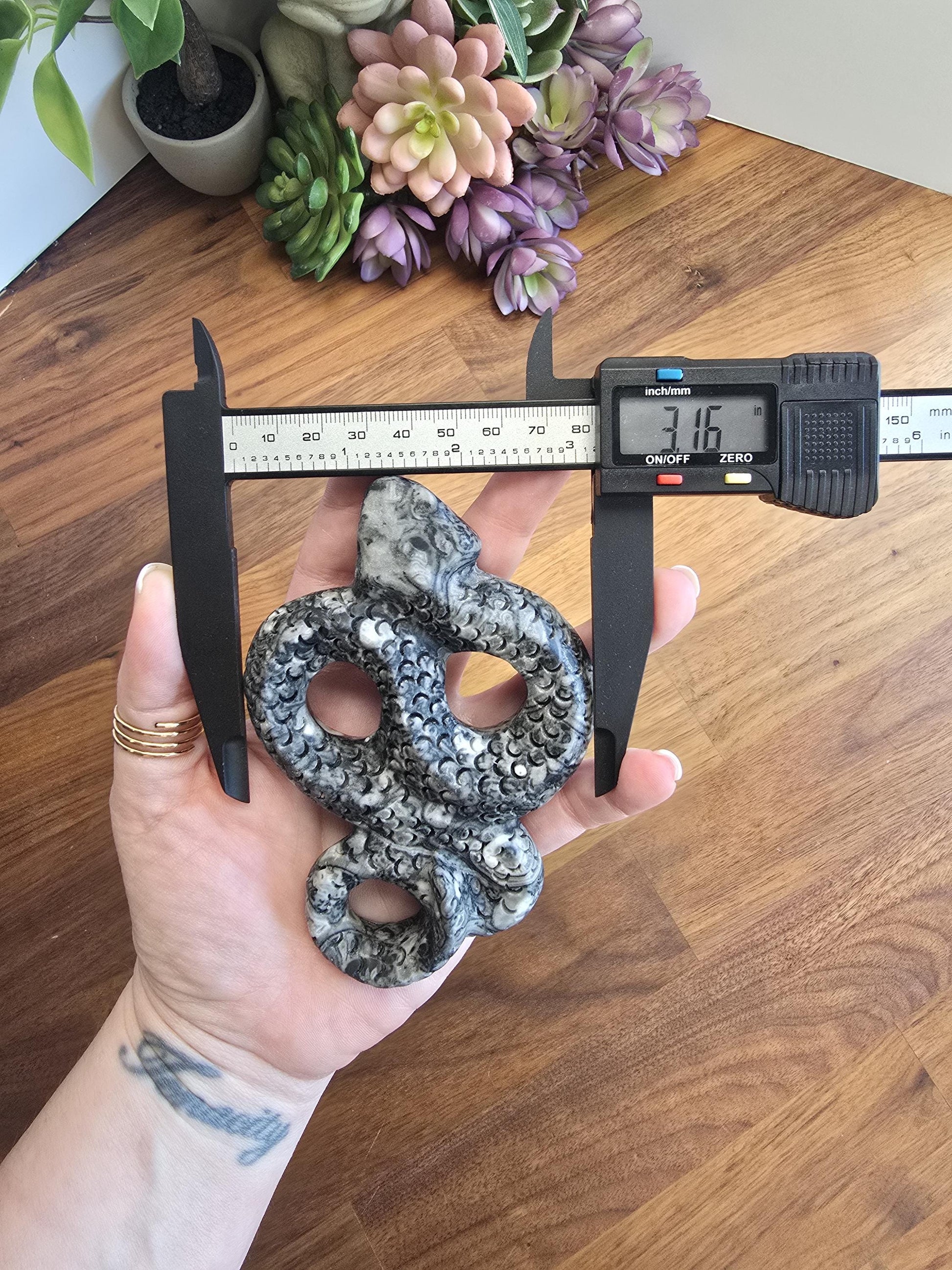 Rare Orthoceras Fossil Snake | Crystal Serpent Figurine | Black & Gray Halloween and Goth Home Decor for Dark Academia or Spooky Season
