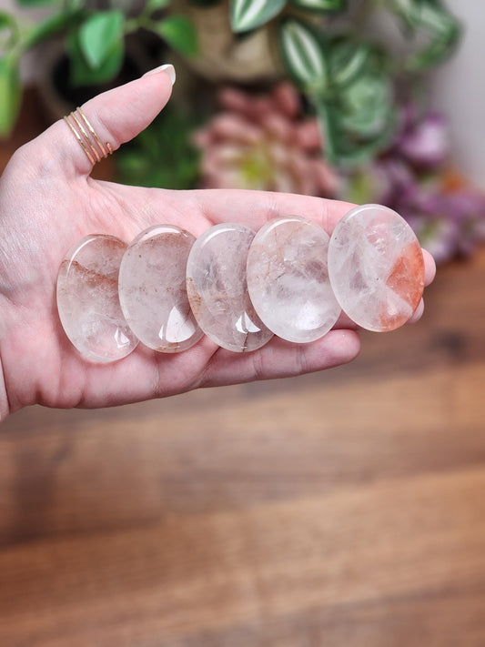 Fire Quartz Worry Stone: Clear Crystal with Red Hematoid Streaks (1.75")