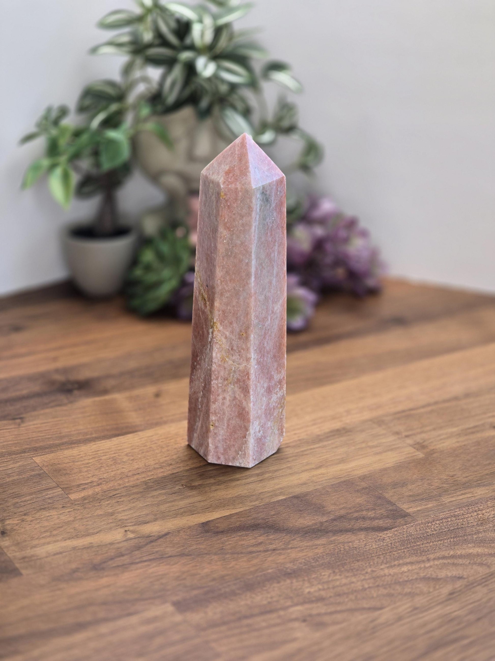 Sweet Orange Orchid Calcite Tower | B | Dreamy Peach Crystal Point with patterns | Huge 7.5 Inch | Spring Pastel Home Decor Piece for Easter