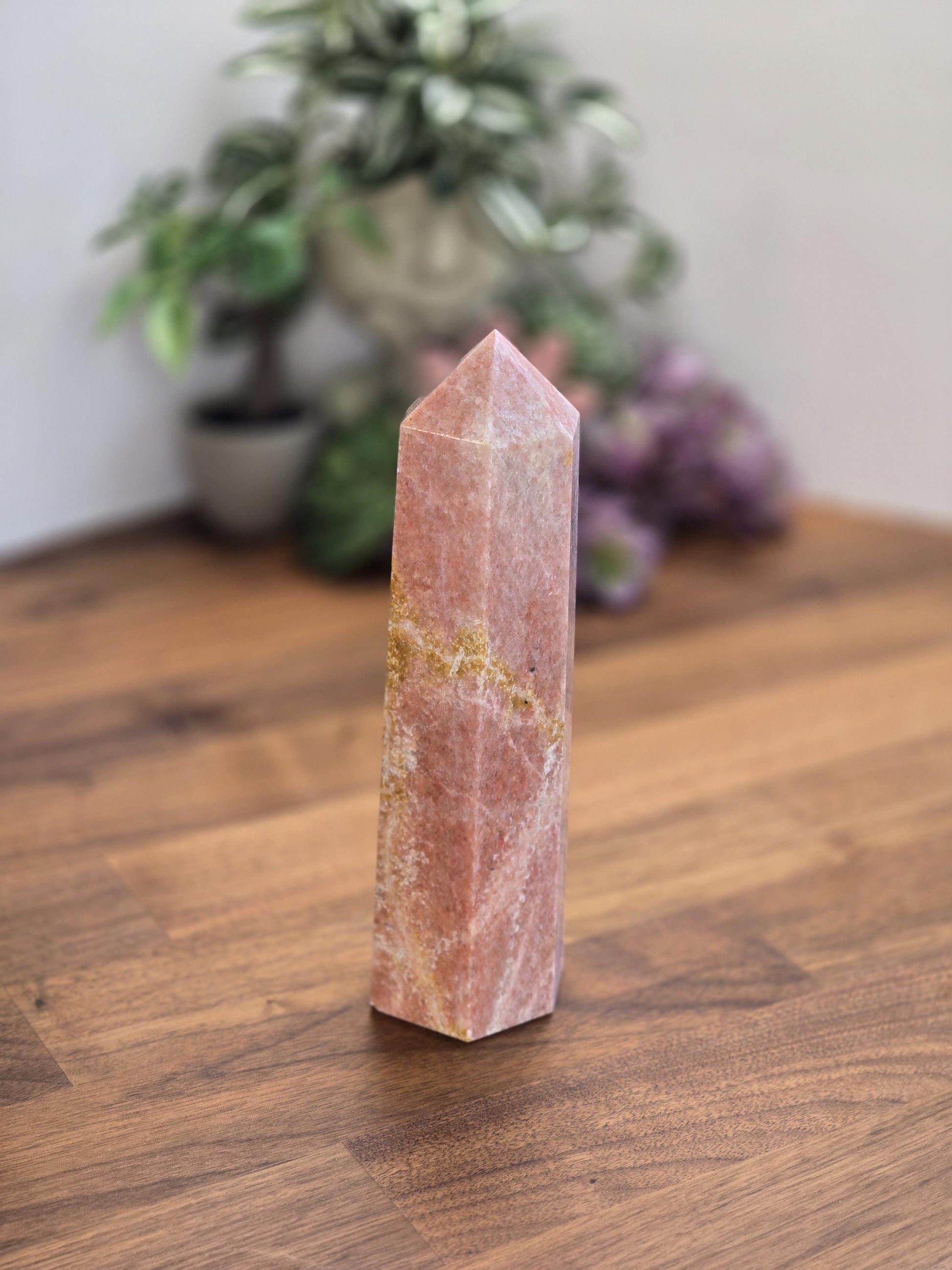 Sweet Orange Orchid Calcite Tower | B | Dreamy Peach Crystal Point with patterns | Huge 7.5 Inch | Spring Pastel Home Decor Piece for Easter