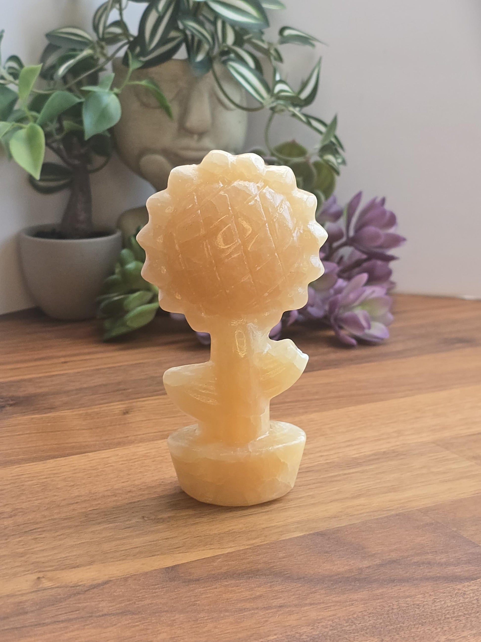 Sunflower Crystal Decor: Yellow Calcite Fall Accent (3D Hand-Carved)