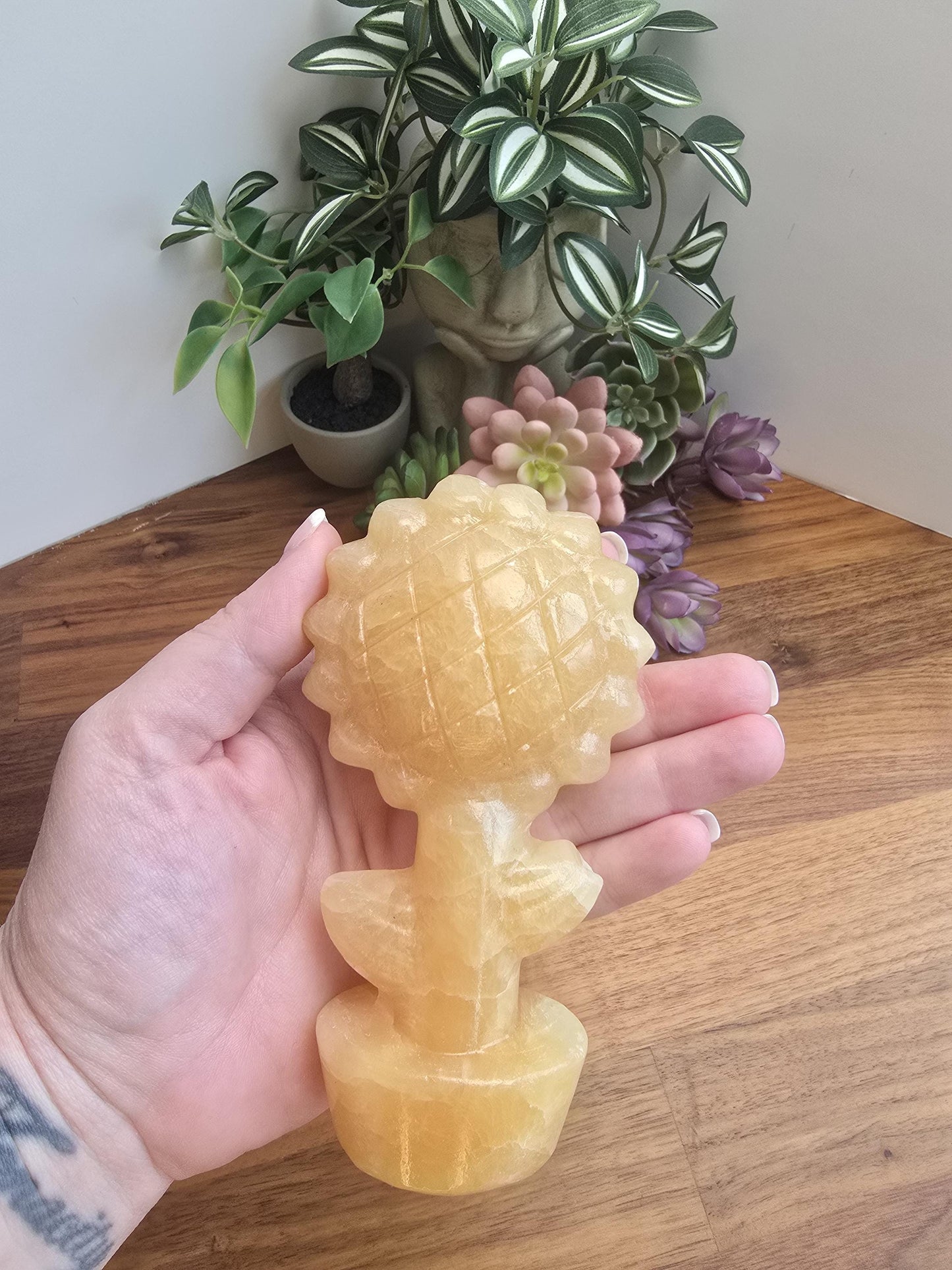 Sunflower Crystal Decor: Yellow Calcite Fall Accent (3D Hand-Carved)