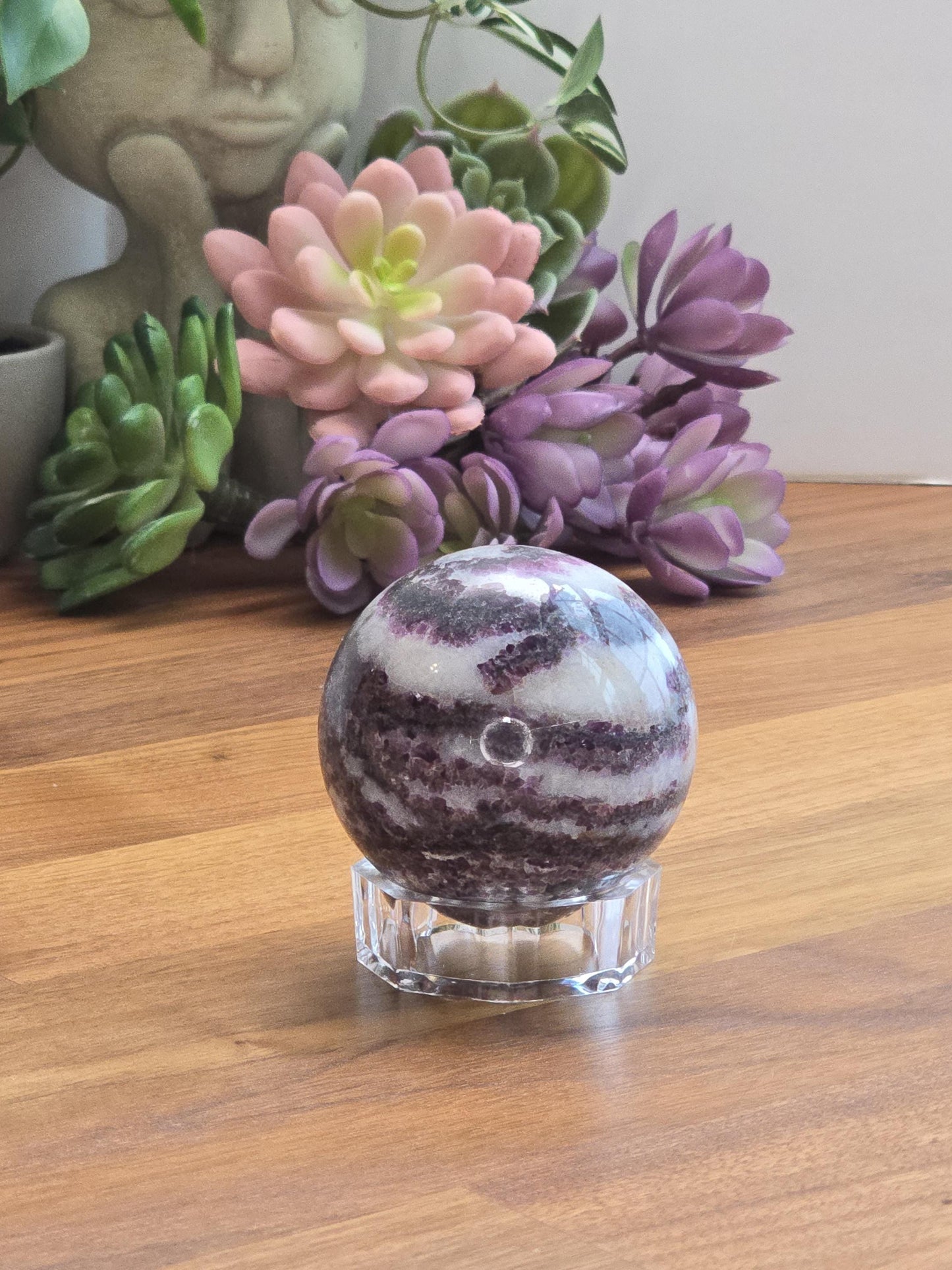 Zebra Fluorite Crystal Sphere | A | 57 MM 2.25 Inches | Pink Purple and White | One of a Kind