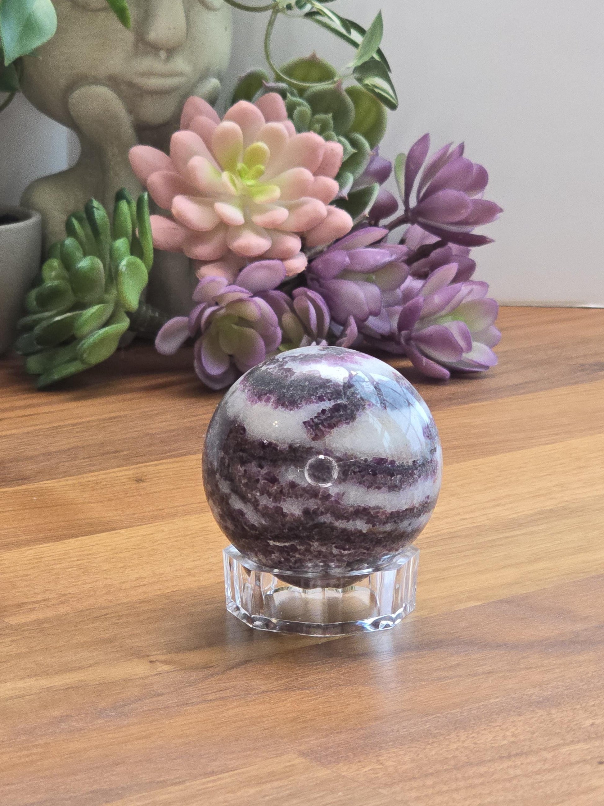Zebra Fluorite Crystal Sphere | A | 57 MM 2.25 Inches | Pink Purple and White | One of a Kind