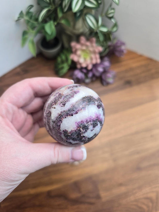 Zebra Fluorite Crystal Sphere | A | 57 MM 2.25 Inches | Pink Purple and White | One of a Kind
