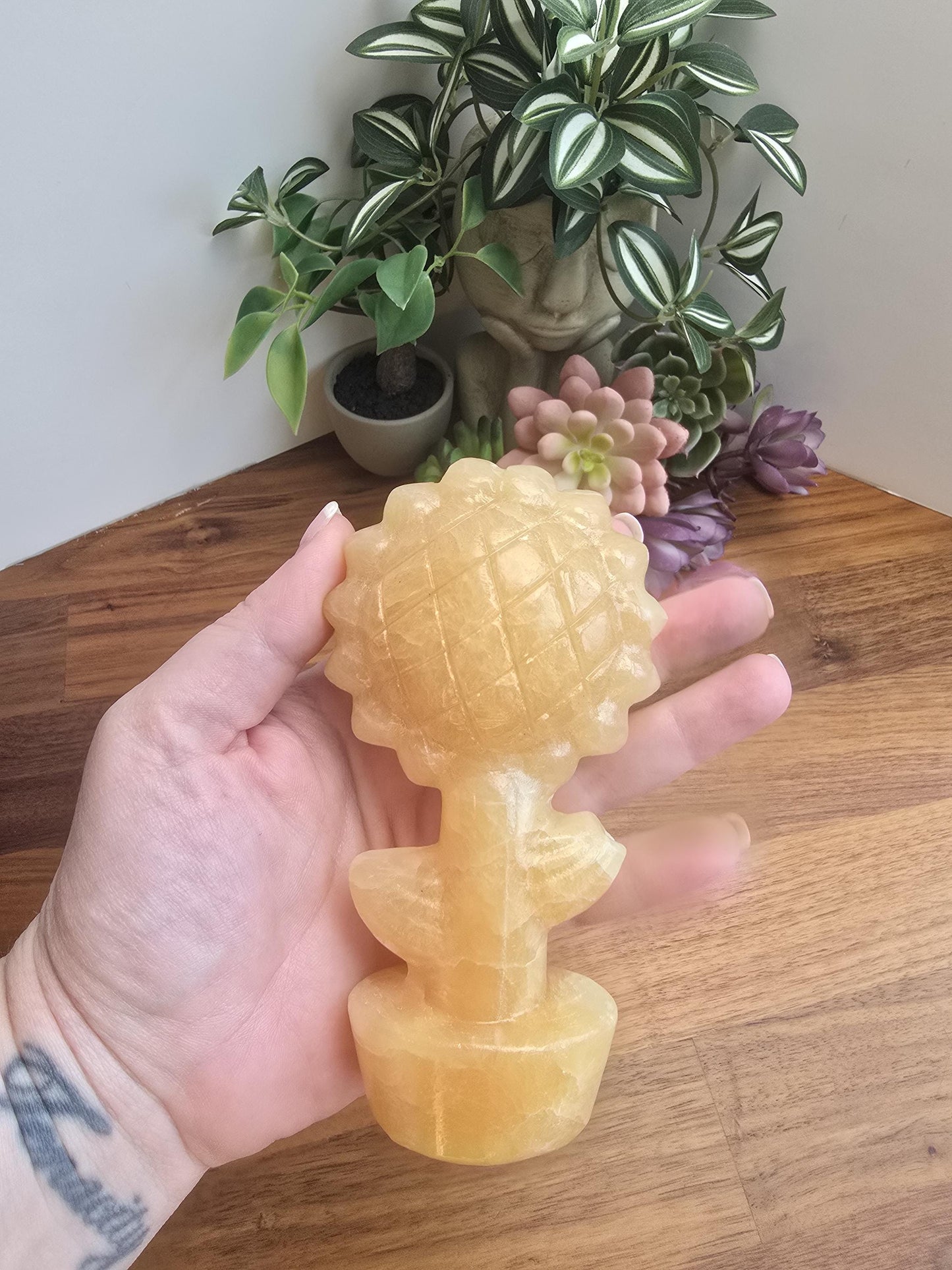 Sunflower Crystal Decor: Yellow Calcite Fall Accent (3D Hand-Carved)
