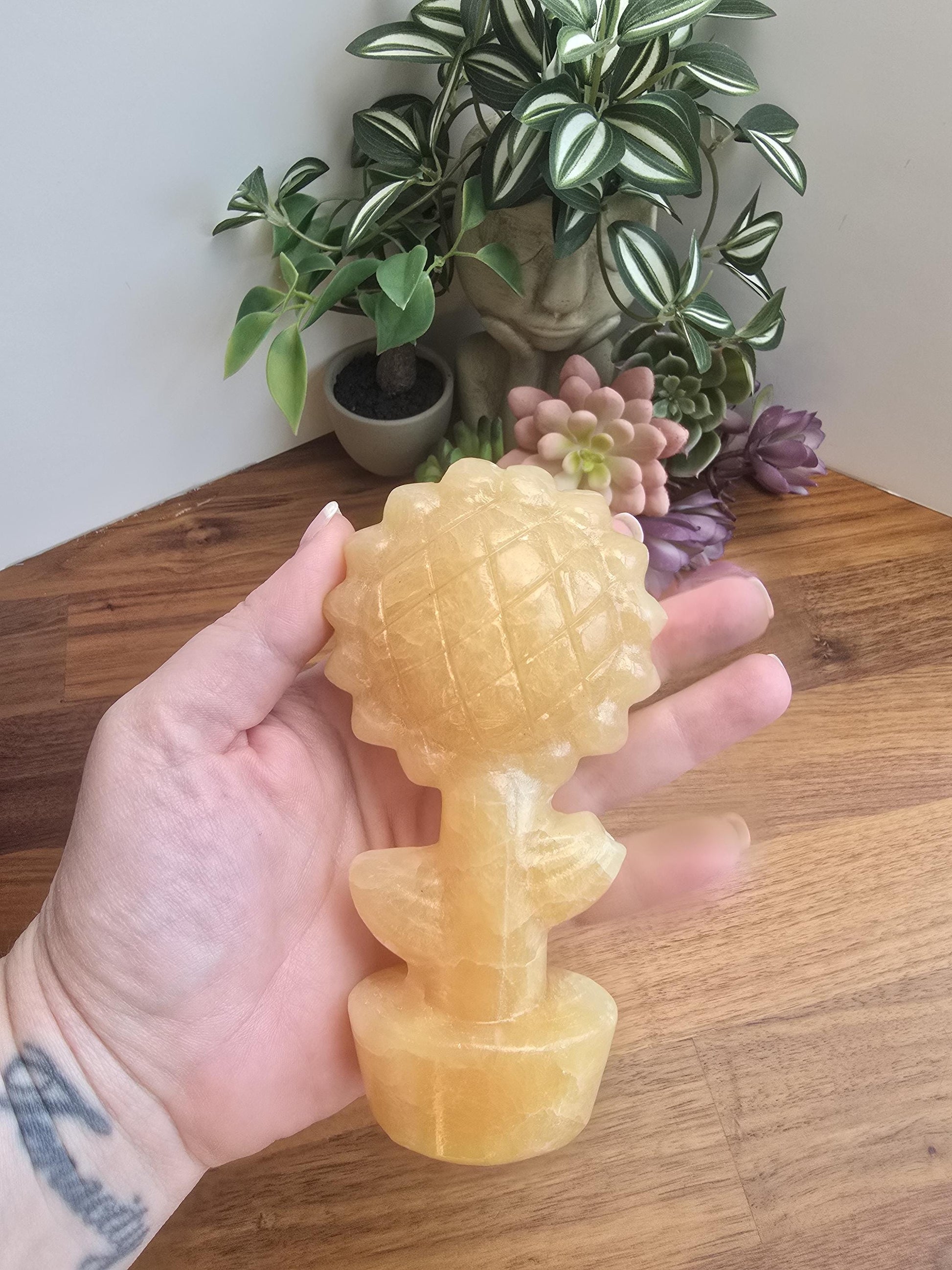 Sunflower Crystal Decor: Yellow Calcite Fall Accent (3D Hand-Carved)