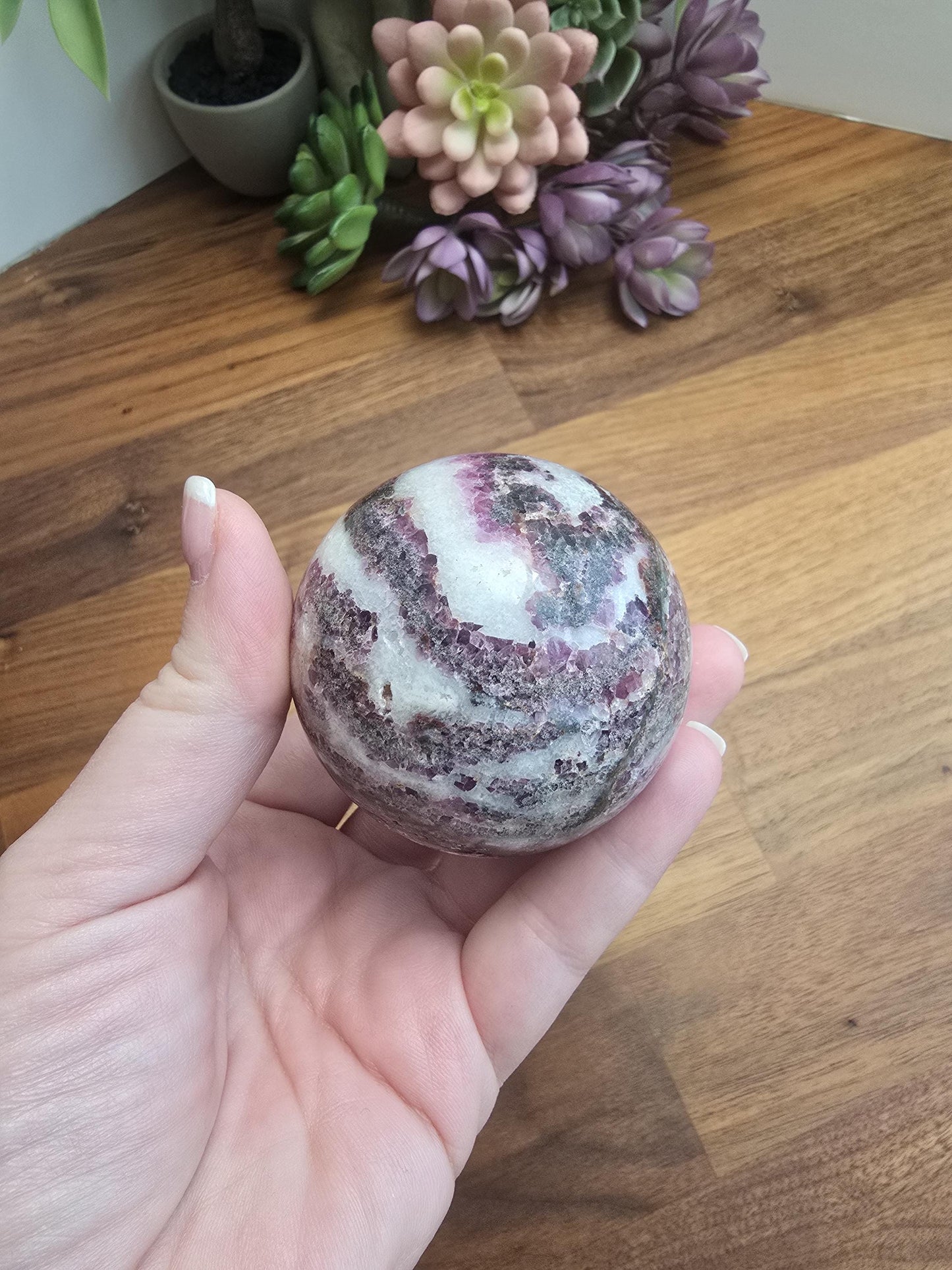 Zebra Fluorite Crystal Sphere | A | 57 MM 2.25 Inches | Pink Purple and White | One of a Kind