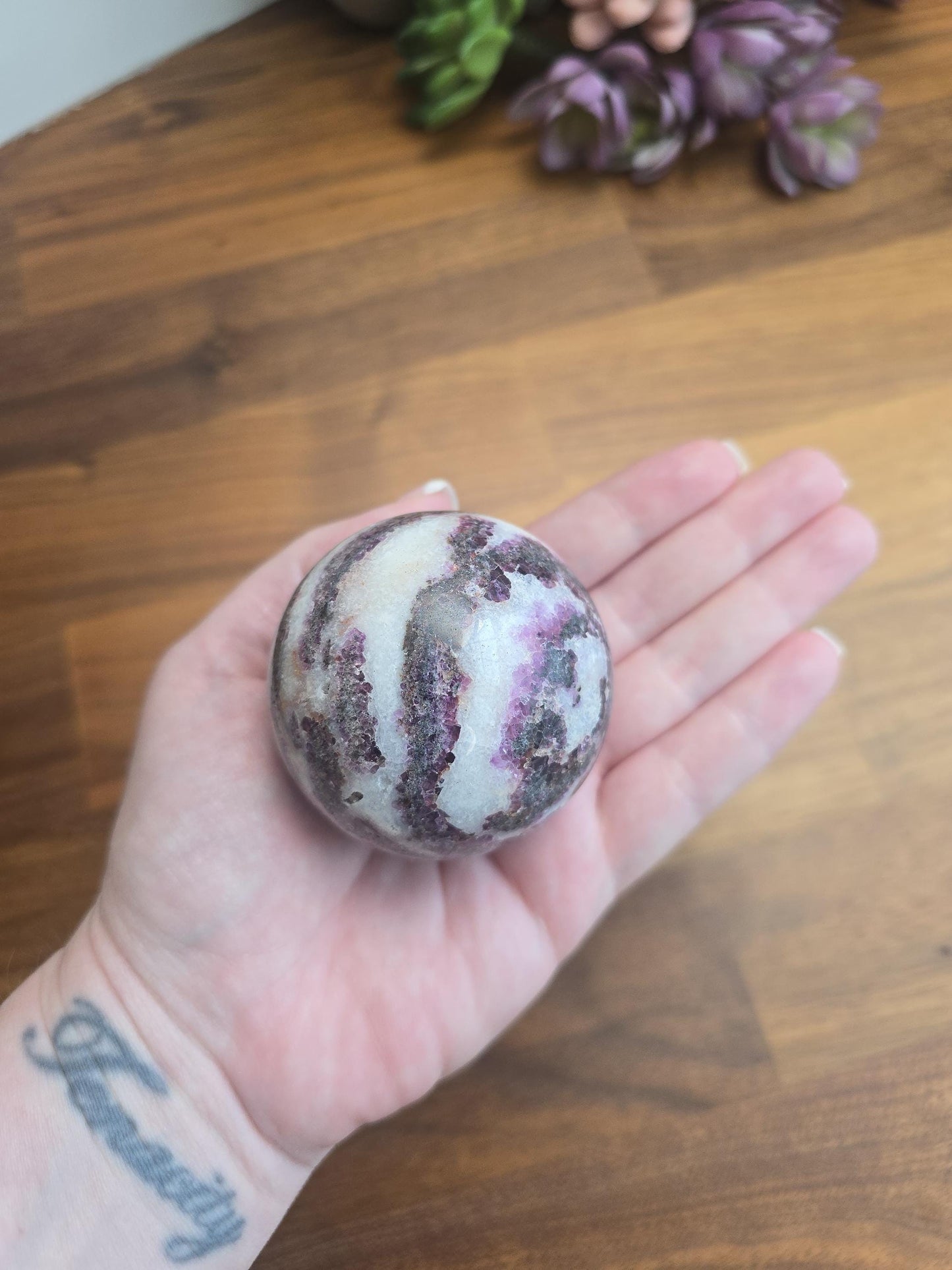 Zebra Fluorite Crystal Sphere | A | 57 MM 2.25 Inches | Pink Purple and White | One of a Kind