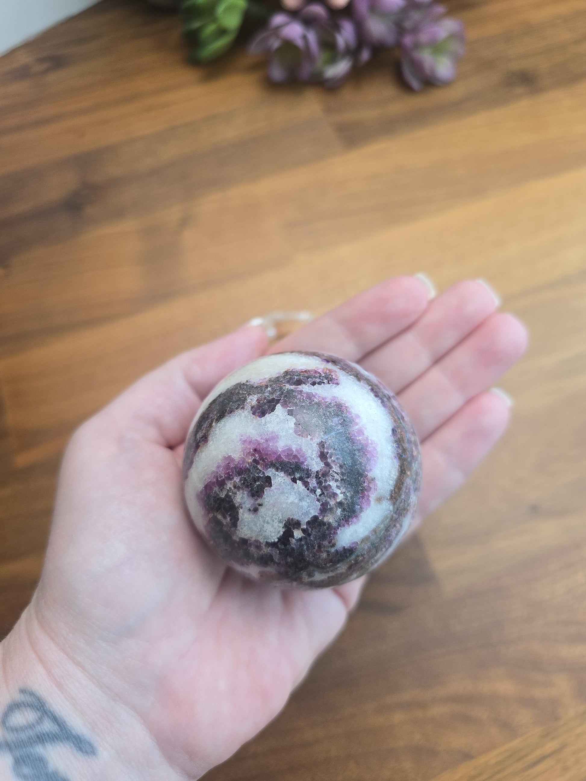Zebra Fluorite Crystal Sphere | A | 57 MM 2.25 Inches | Pink Purple and White | One of a Kind