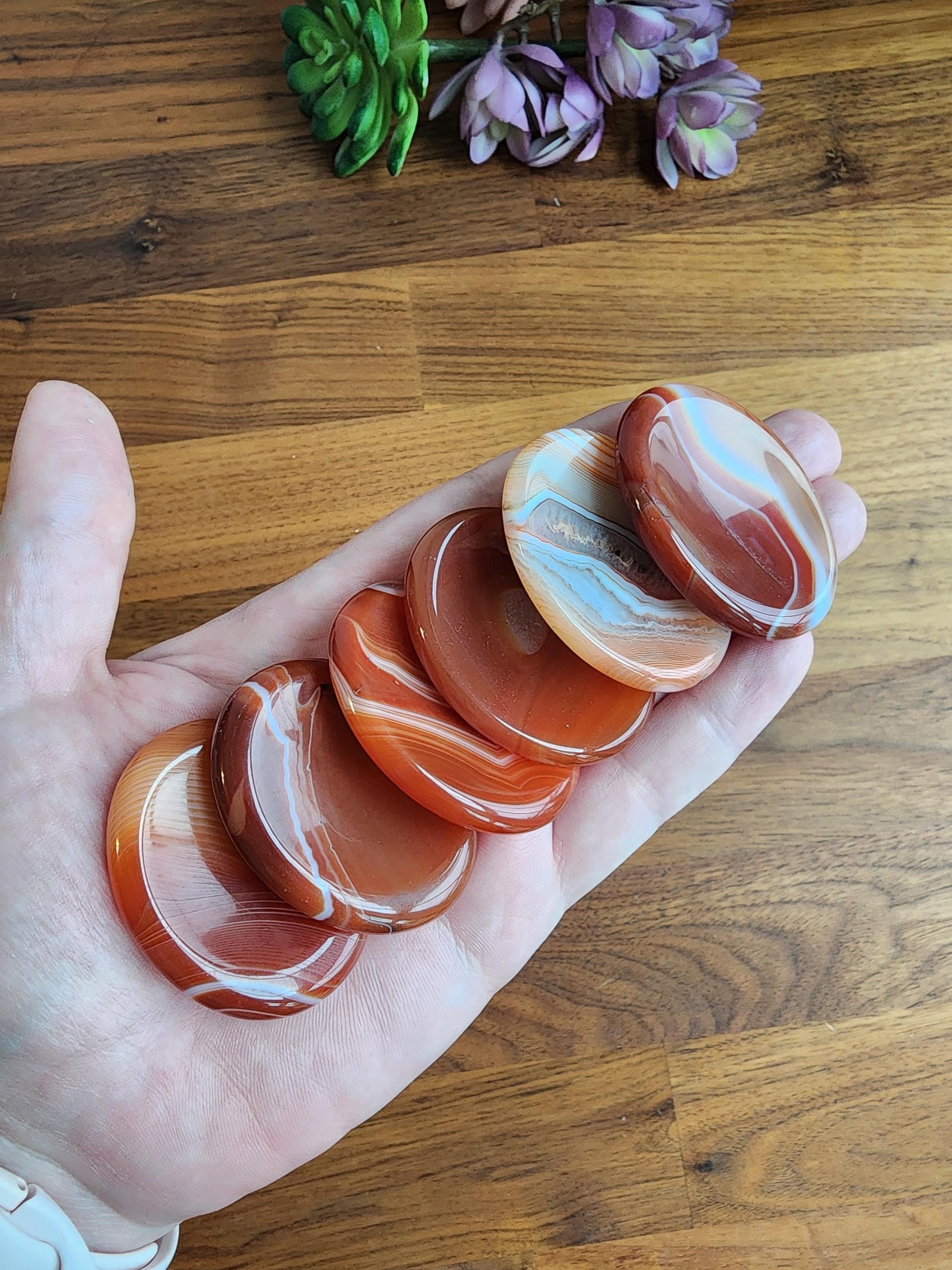Striped Carnelian Crystal Worry Stone | Gorgeous Red, Orange, Yellow, and White Banding | Smooth Swirled Patterns | 1.77" Thumb Stone