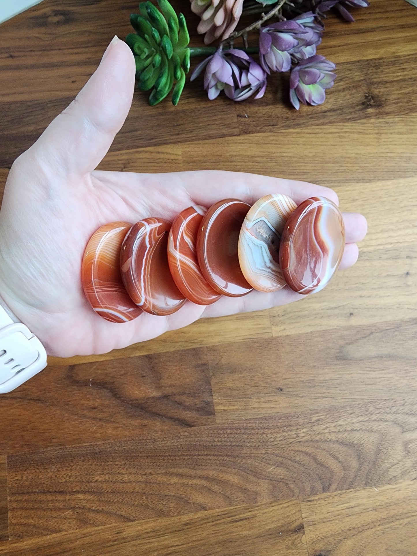 Striped Carnelian Crystal Worry Stone | Gorgeous Red, Orange, Yellow, and White Banding | Smooth Swirled Patterns | 1.77" Thumb Stone
