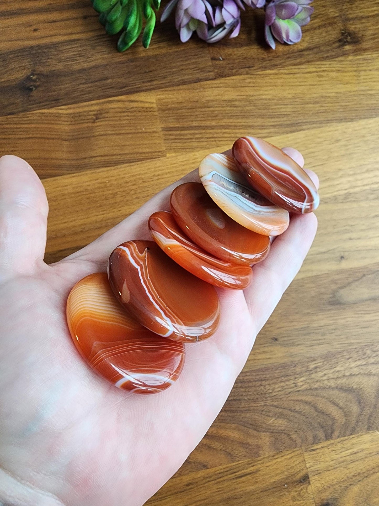 Striped Carnelian Crystal Worry Stone | Gorgeous Red, Orange, Yellow, and White Banding | Smooth Swirled Patterns | 1.77" Thumb Stone