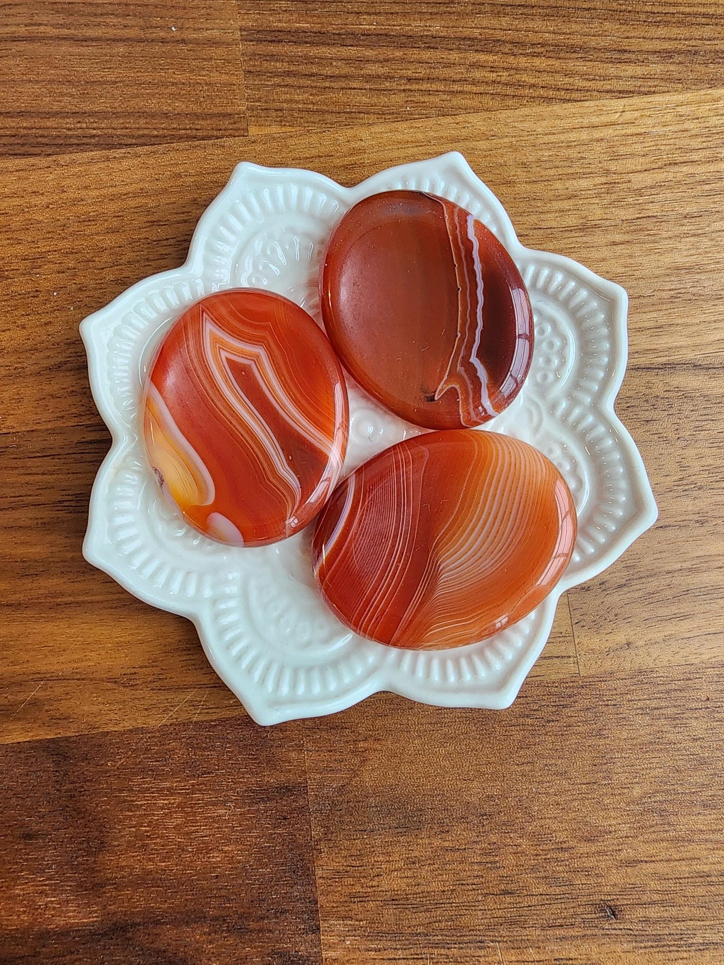 Striped Carnelian Crystal Worry Stone | Gorgeous Red, Orange, Yellow, and White Banding | Smooth Swirled Patterns | 1.77" Thumb Stone