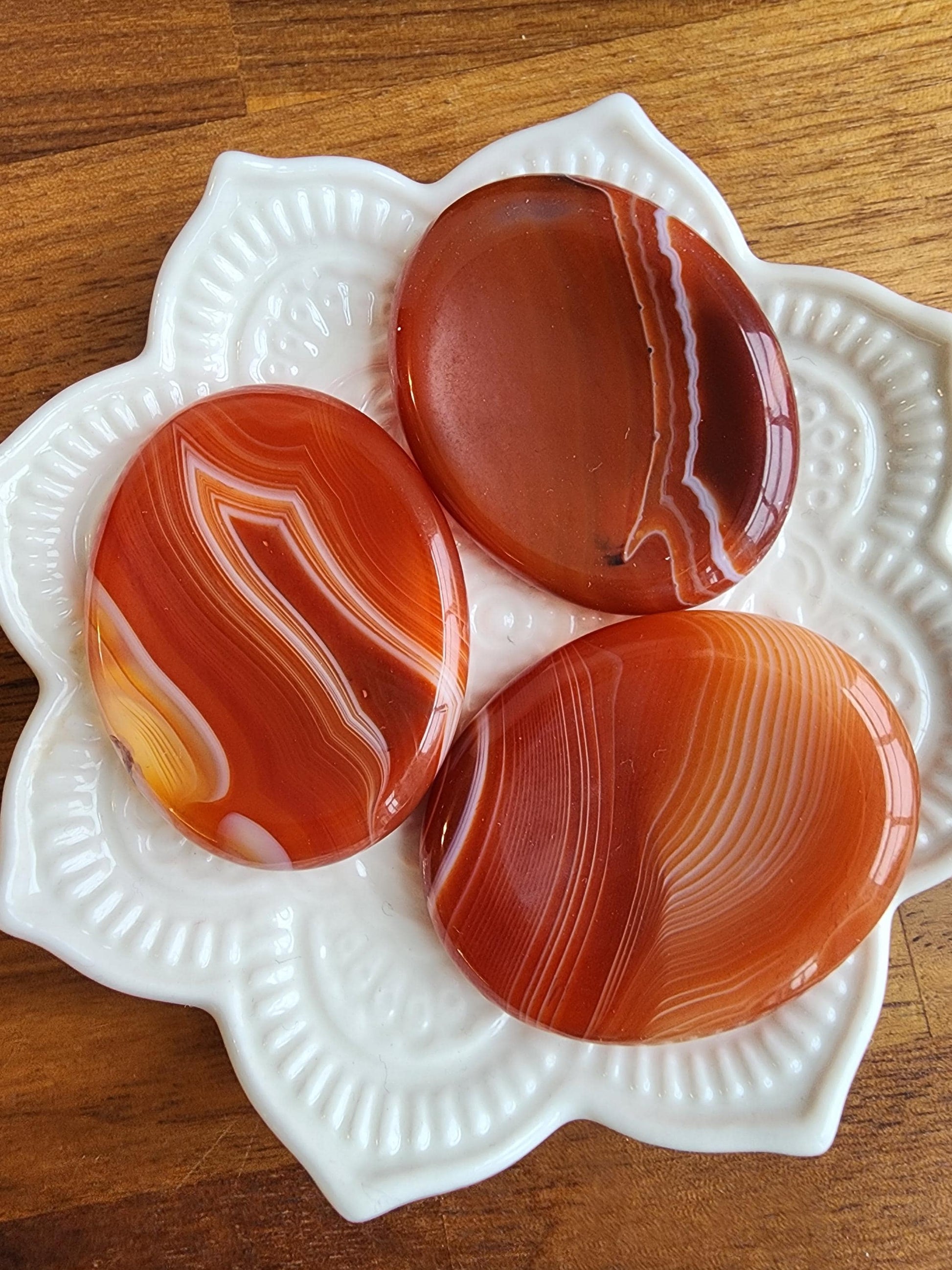 Striped Carnelian Crystal Worry Stone | Gorgeous Red, Orange, Yellow, and White Banding | Smooth Swirled Patterns | 1.77" Thumb Stone