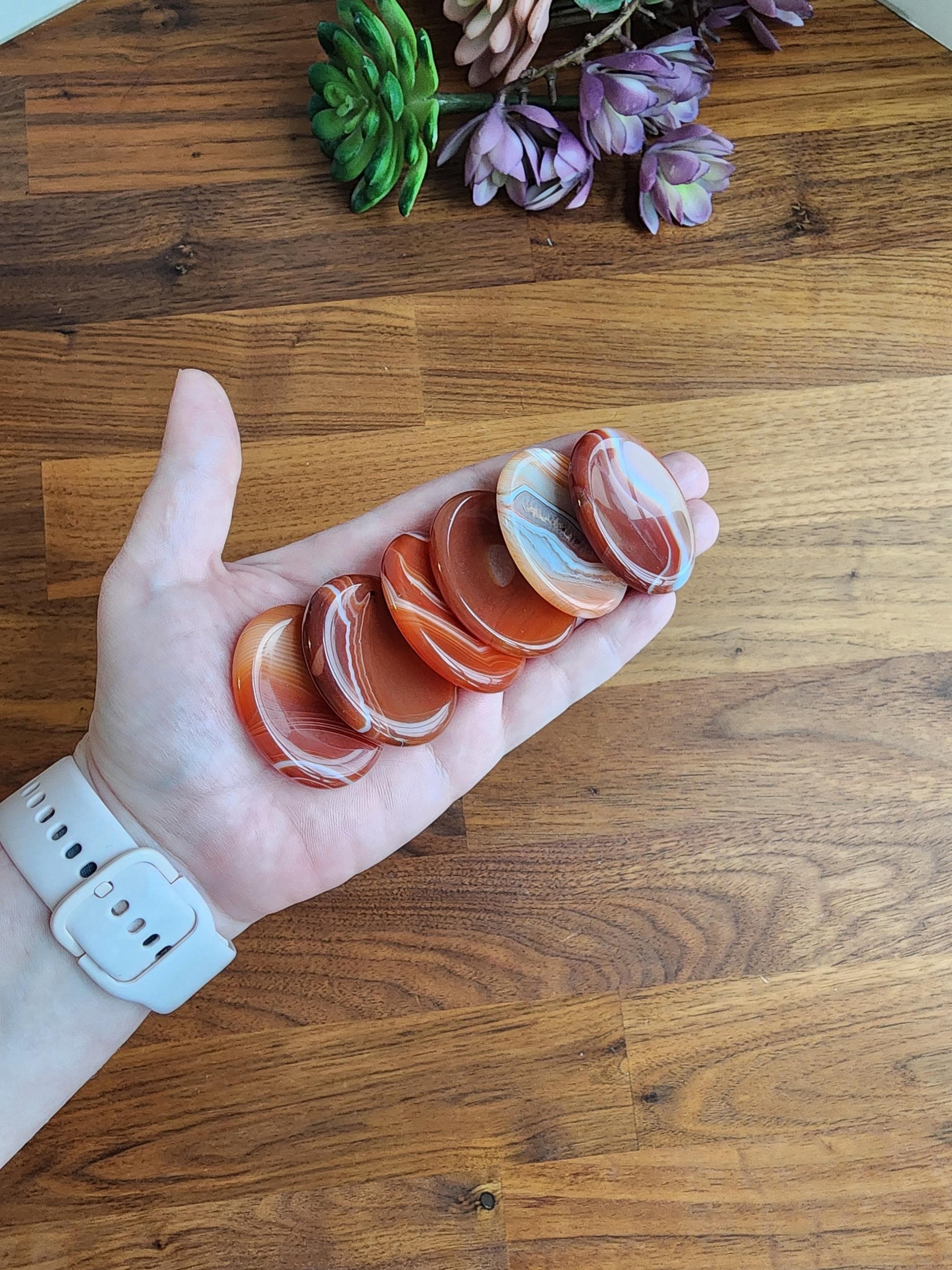 Striped Carnelian Crystal Worry Stone | Gorgeous Red, Orange, Yellow, and White Banding | Smooth Swirled Patterns | 1.77" Thumb Stone