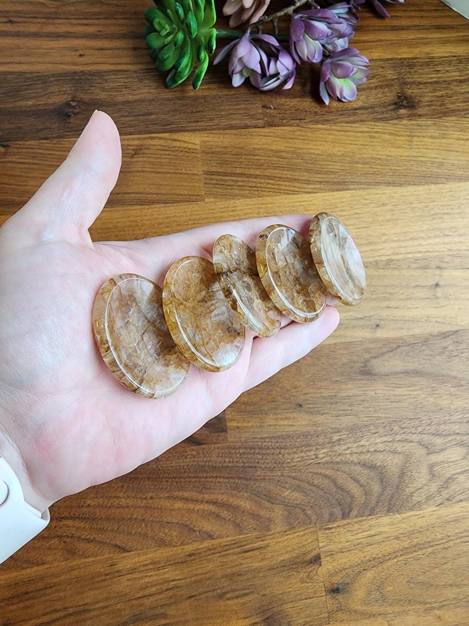 Golden Healer Crystal Worry Stone | Hematoid | Yellow lightening patterns in a clear quartz matrix | Perfect Birthday Gift for Him or Her