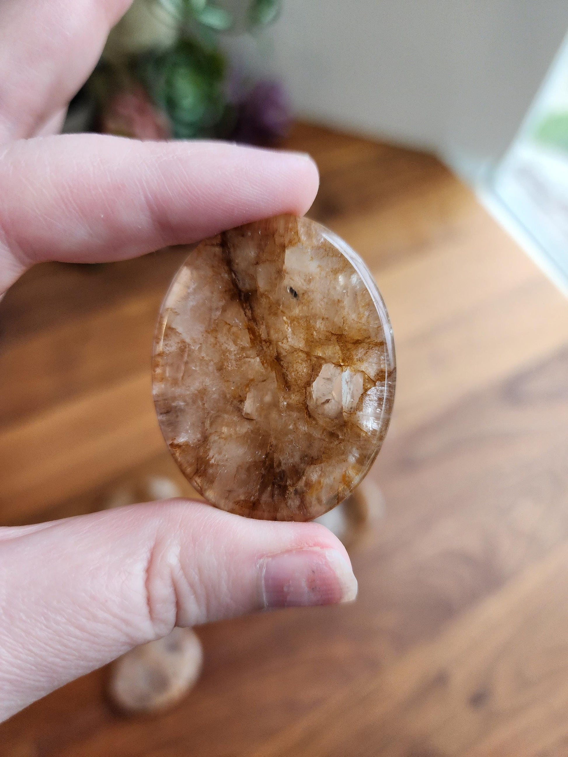 Golden Healer Crystal Worry Stone | Hematoid | Yellow lightening patterns in a clear quartz matrix | Perfect Birthday Gift for Him or Her