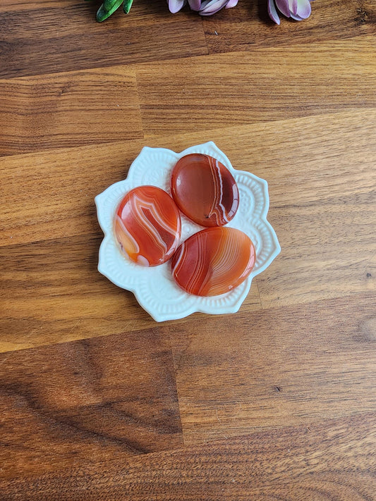 Striped Carnelian Crystal Worry Stone | Gorgeous Red, Orange, Yellow, and White Banding | Smooth Swirled Patterns | 1.77" Thumb Stone