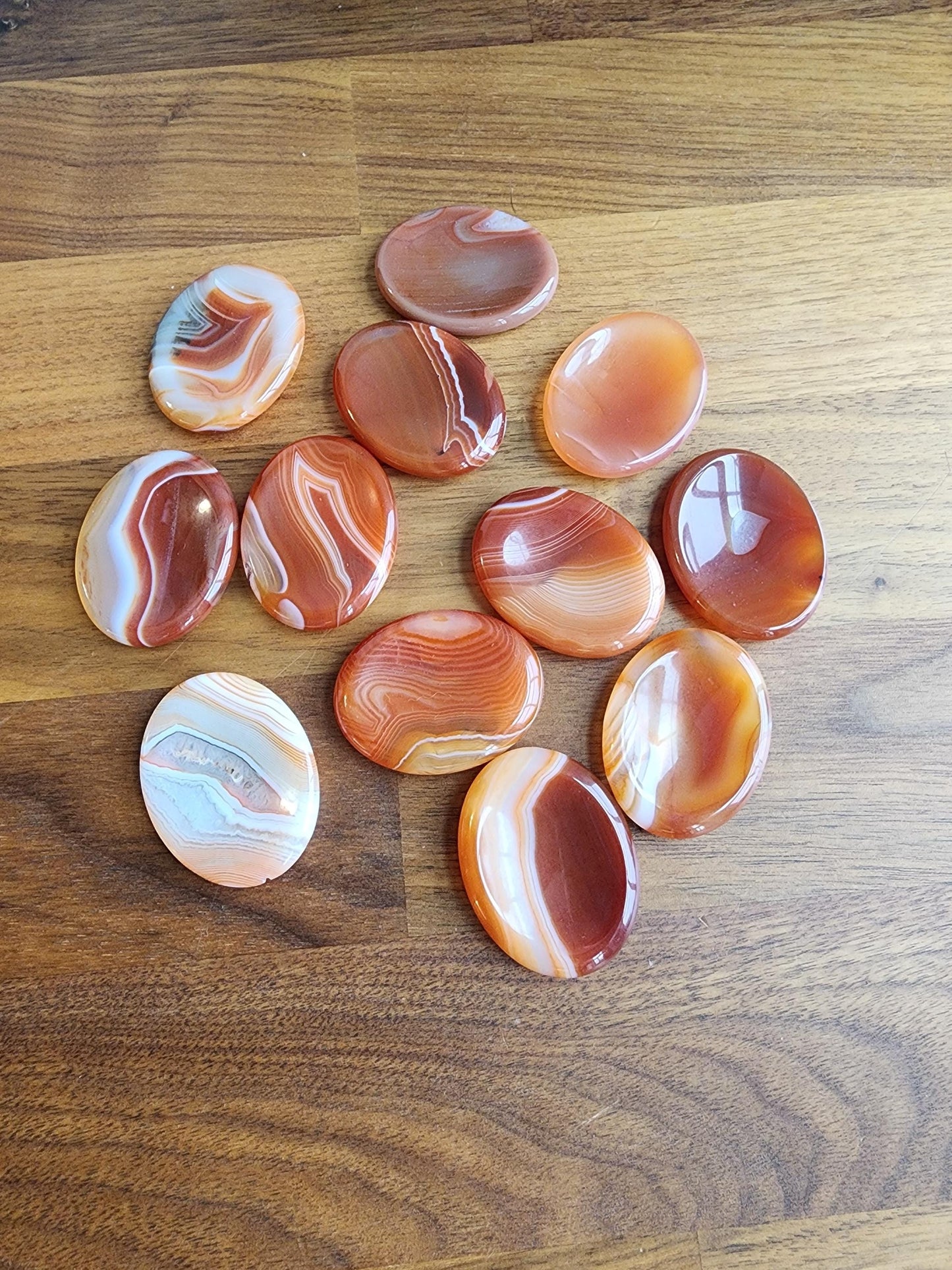 Striped Carnelian Crystal Worry Stone | Gorgeous Red, Orange, Yellow, and White Banding | Smooth Swirled Patterns | 1.77" Thumb Stone