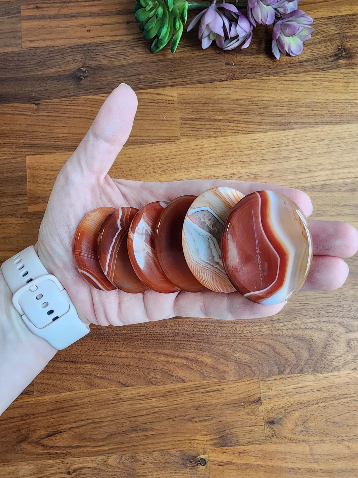 Striped Carnelian Crystal Worry Stone | Gorgeous Red, Orange, Yellow, and White Banding | Smooth Swirled Patterns | 1.77" Thumb Stone