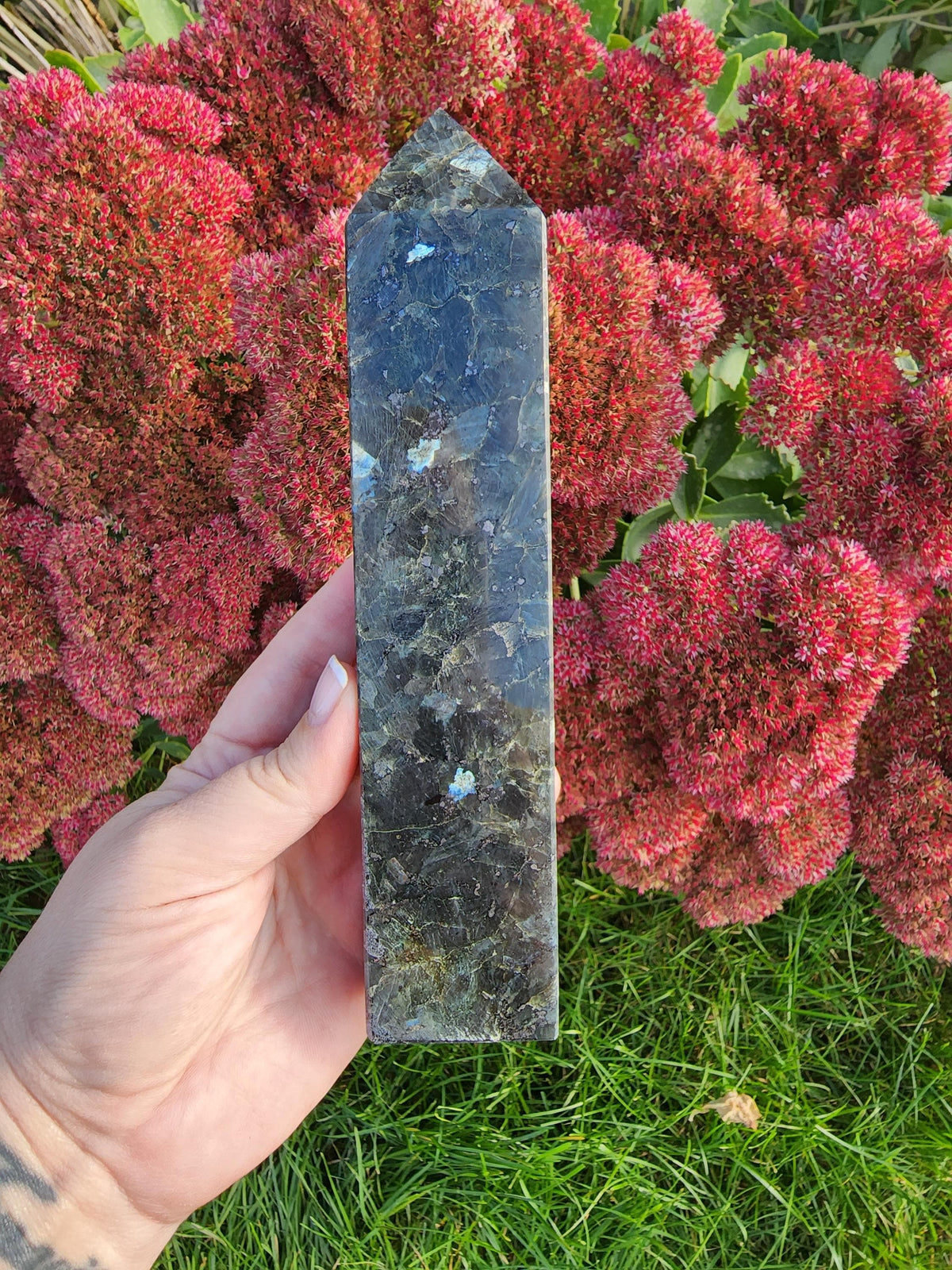 Statement Size Crystal Tower made of Flashy Larvikite | Over 7 Inch Gray, Black and Silver