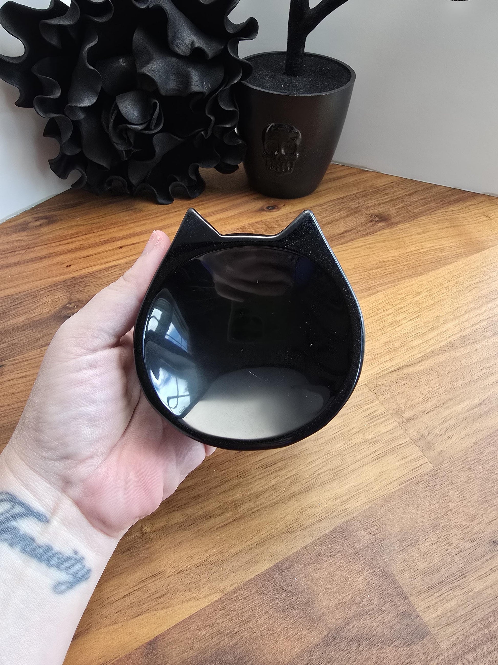 Black Obsidian Cat Bowl | Crystal Jewelry Dish Ring Holder | Gothic Halloween Spooky Season Decor Gift for Cat Lovers