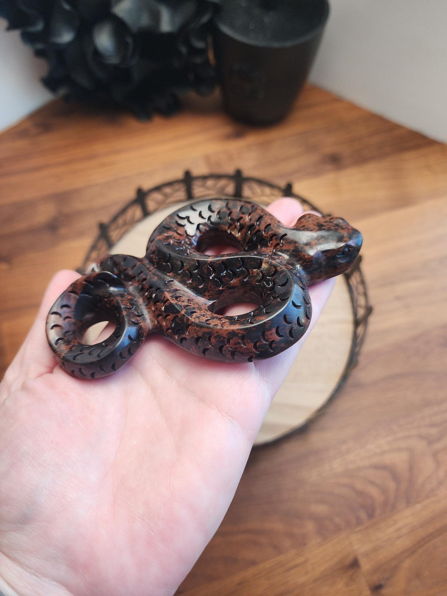 Mahogany Jasper Snake | Coiled Crystal Serpent, Life-like 3D Figurine in Red Obsidian for Nature Lover or Spooky Season Decor Halloween, Big