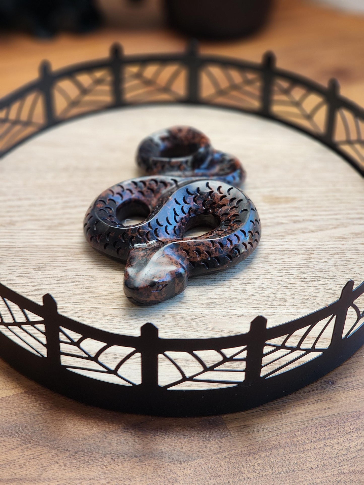 Mahogany Jasper Snake | Coiled Crystal Serpent, Life-like 3D Figurine in Red Obsidian for Nature Lover or Spooky Season Decor Halloween, Big