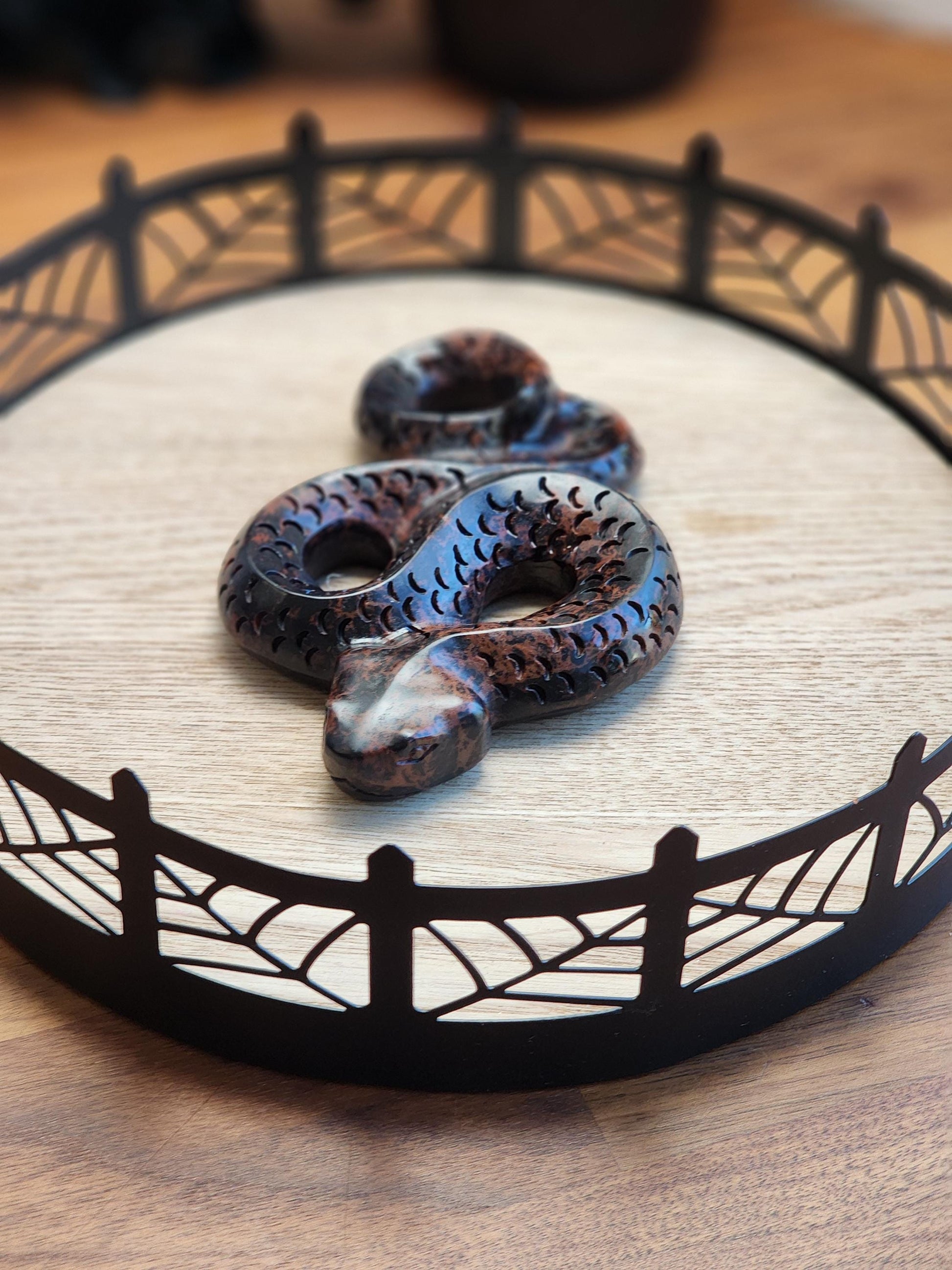 Mahogany Jasper Snake | Coiled Crystal Serpent, Life-like 3D Figurine in Red Obsidian for Nature Lover or Spooky Season Decor Halloween, Big