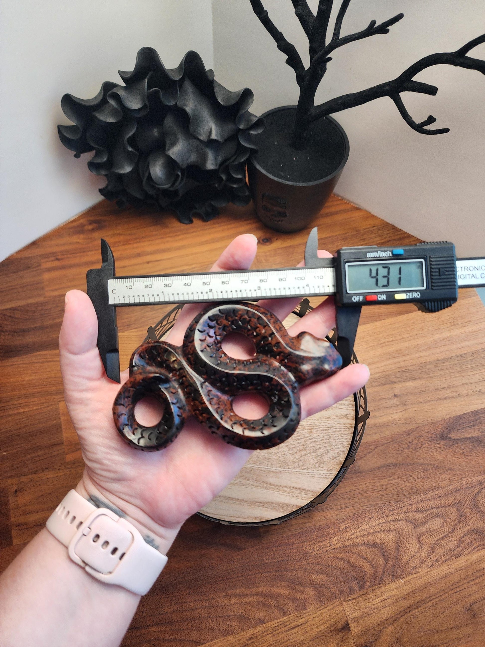 Mahogany Jasper Snake | Coiled Crystal Serpent, Life-like 3D Figurine in Red Obsidian for Nature Lover or Spooky Season Decor Halloween, Big