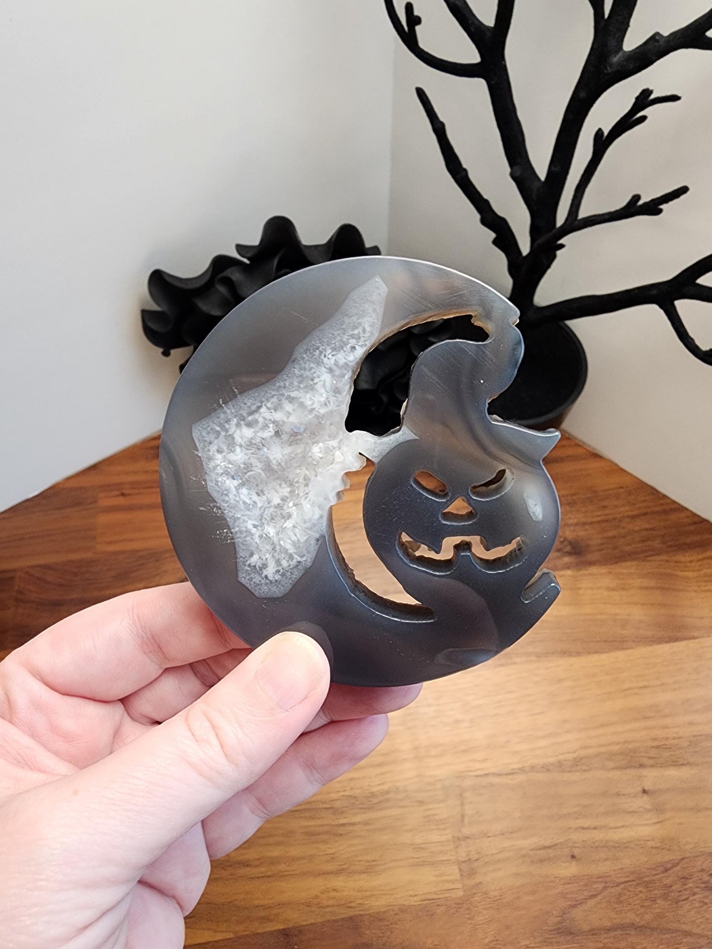 Druzy Moon & Halloween Pumpkin (Jack Black the Jack-O-Lantern) | Gray Spooky Season Decoration on Silver Stand | 3" - 6" Unique Display