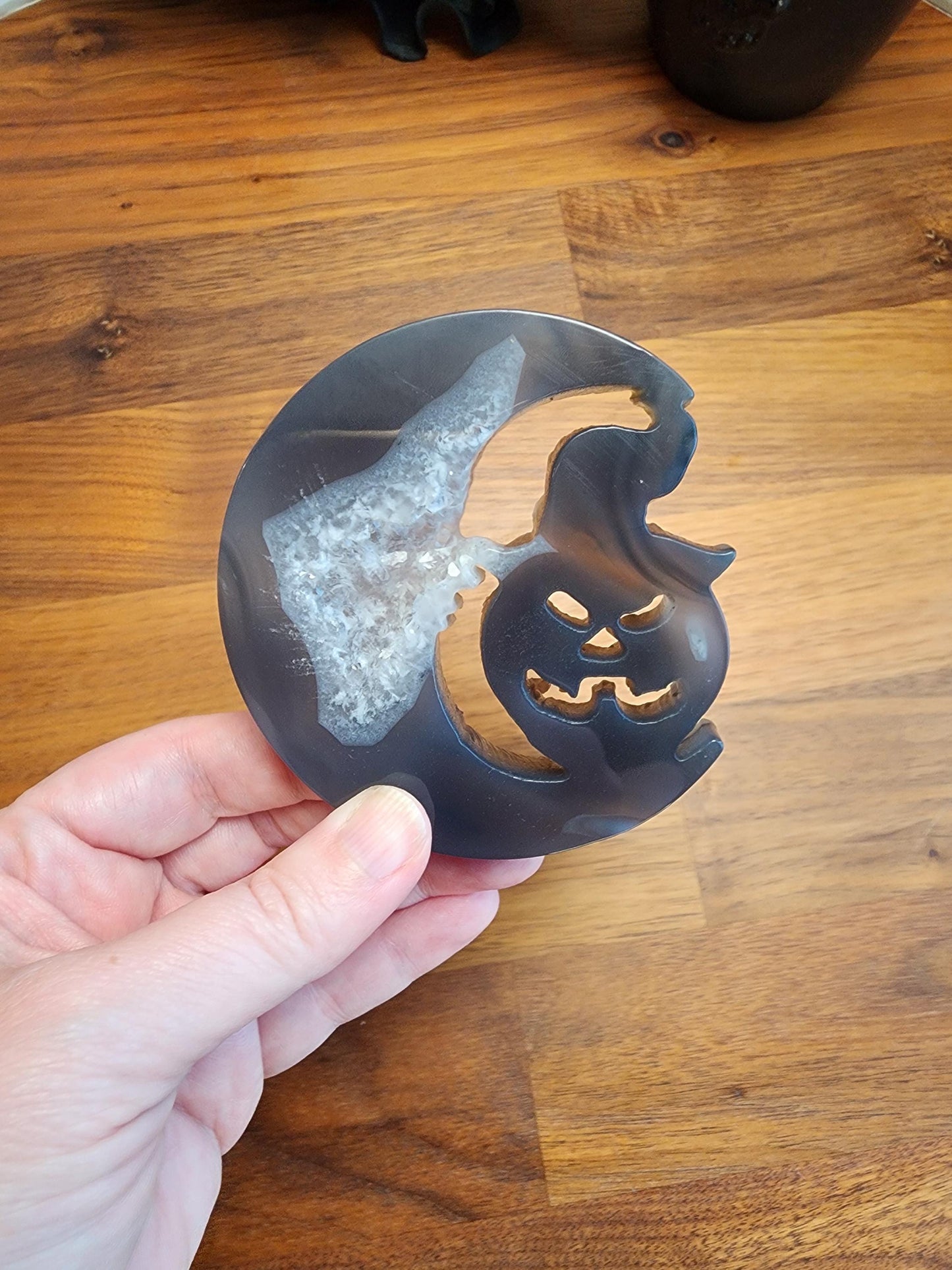 Druzy Moon & Halloween Pumpkin (Jack Black the Jack-O-Lantern) | Gray Spooky Season Decoration on Silver Stand | 3" - 6" Unique Display