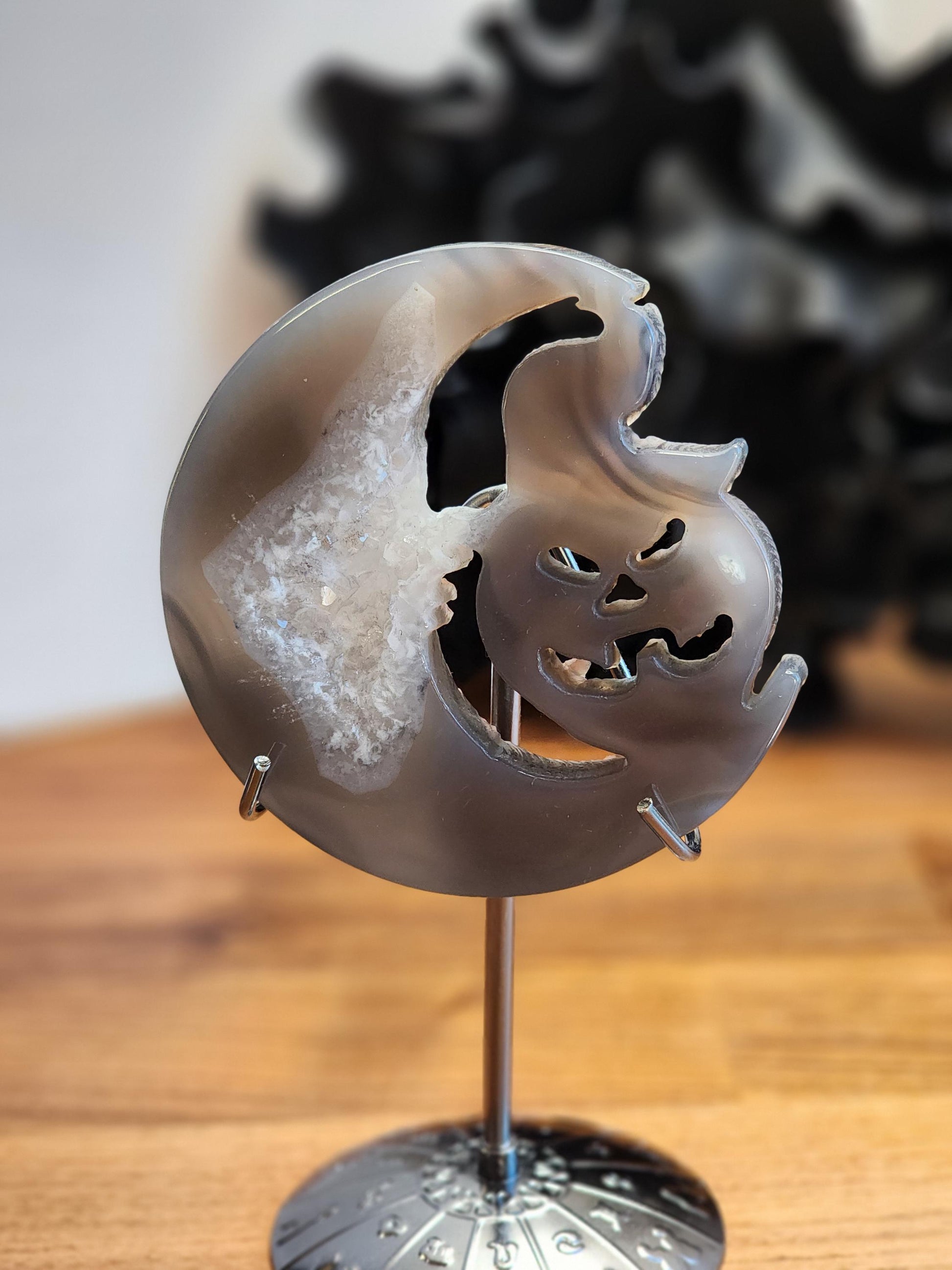 Druzy Moon & Halloween Pumpkin (Jack Black the Jack-O-Lantern) | Gray Spooky Season Decoration on Silver Stand | 3" - 6" Unique Display