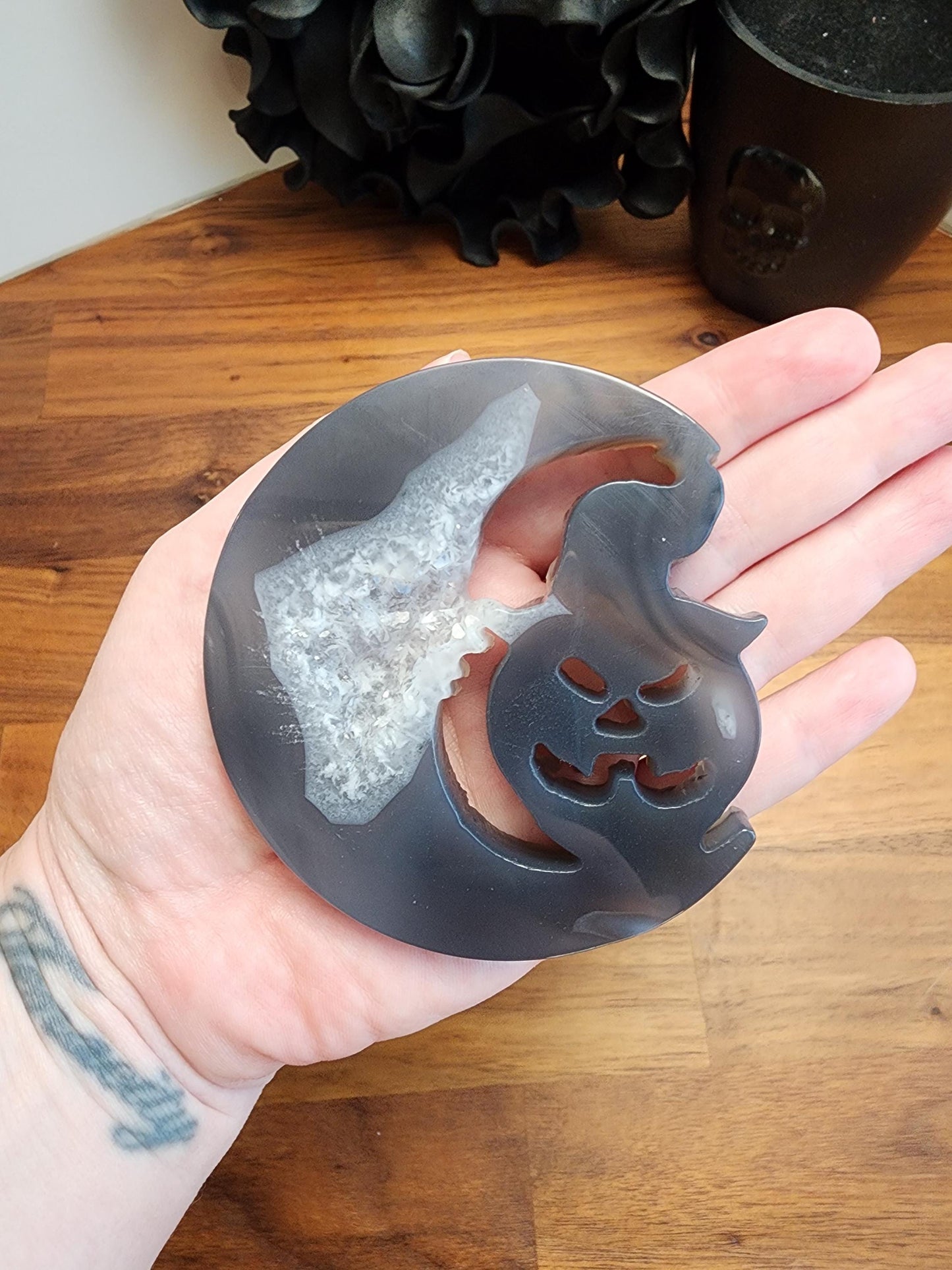 Druzy Moon & Halloween Pumpkin (Jack Black the Jack-O-Lantern) | Gray Spooky Season Decoration on Silver Stand | 3" - 6" Unique Display