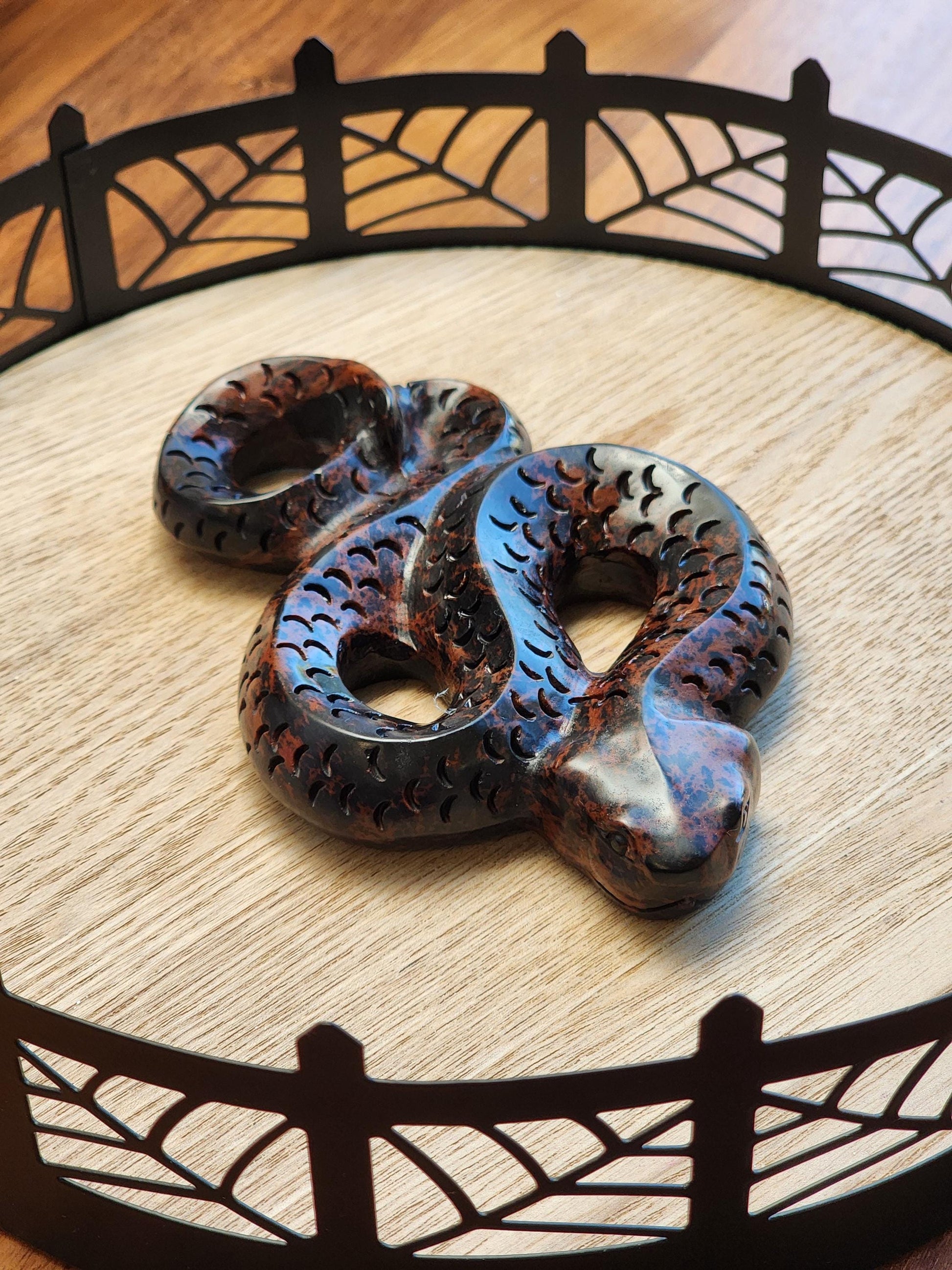 Mahogany Jasper Snake | Coiled Crystal Serpent, Life-like 3D Figurine in Red Obsidian for Nature Lover or Spooky Season Decor Halloween, Big