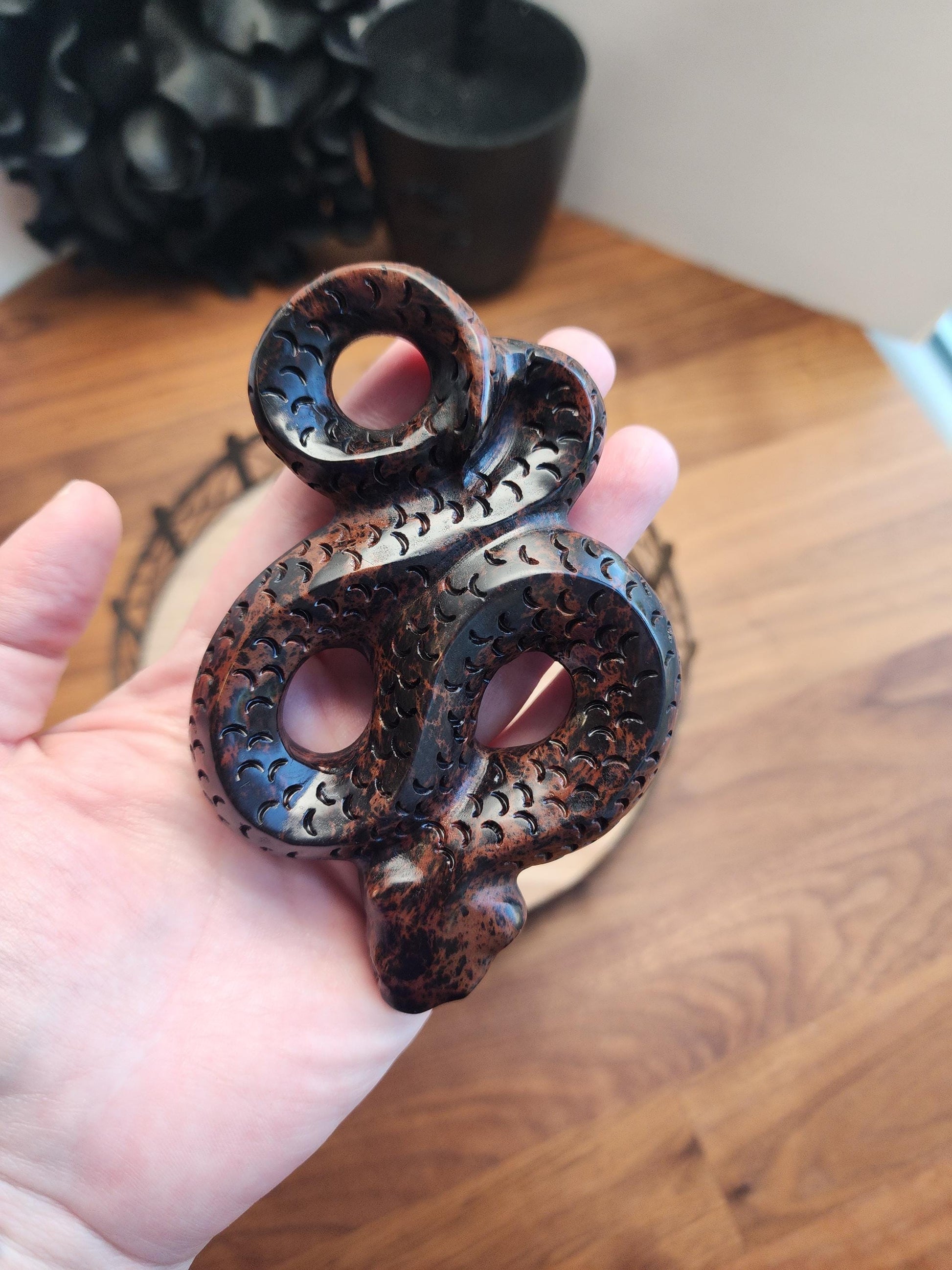 Mahogany Jasper Snake | Coiled Crystal Serpent, Life-like 3D Figurine in Red Obsidian for Nature Lover or Spooky Season Decor Halloween, Big